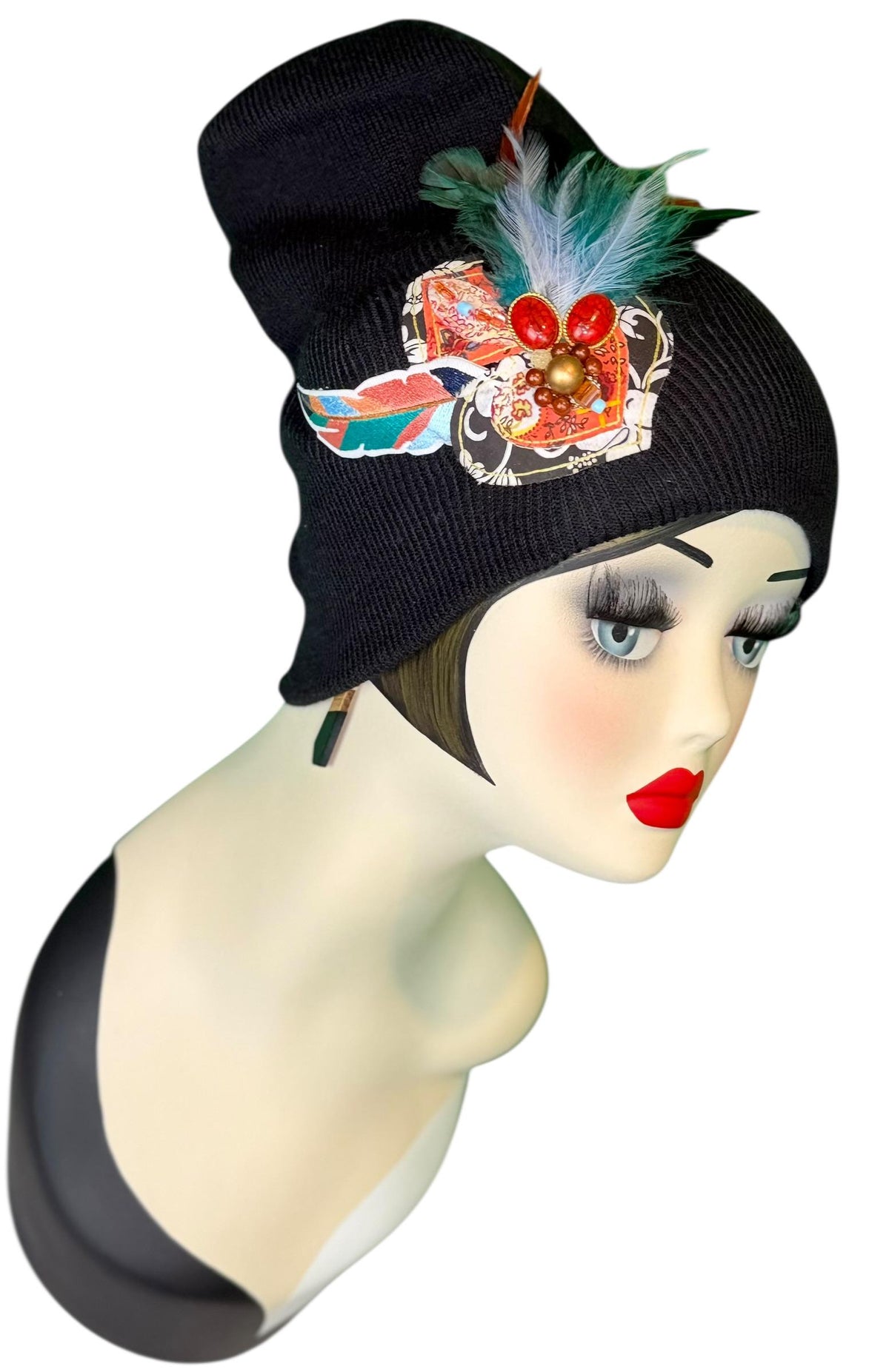 Tribal Night-Time Vibes Patchwork Flapper Designer Feathered Jeweled Embellished Knit Hat Beanie Vintage Boutique Accessory