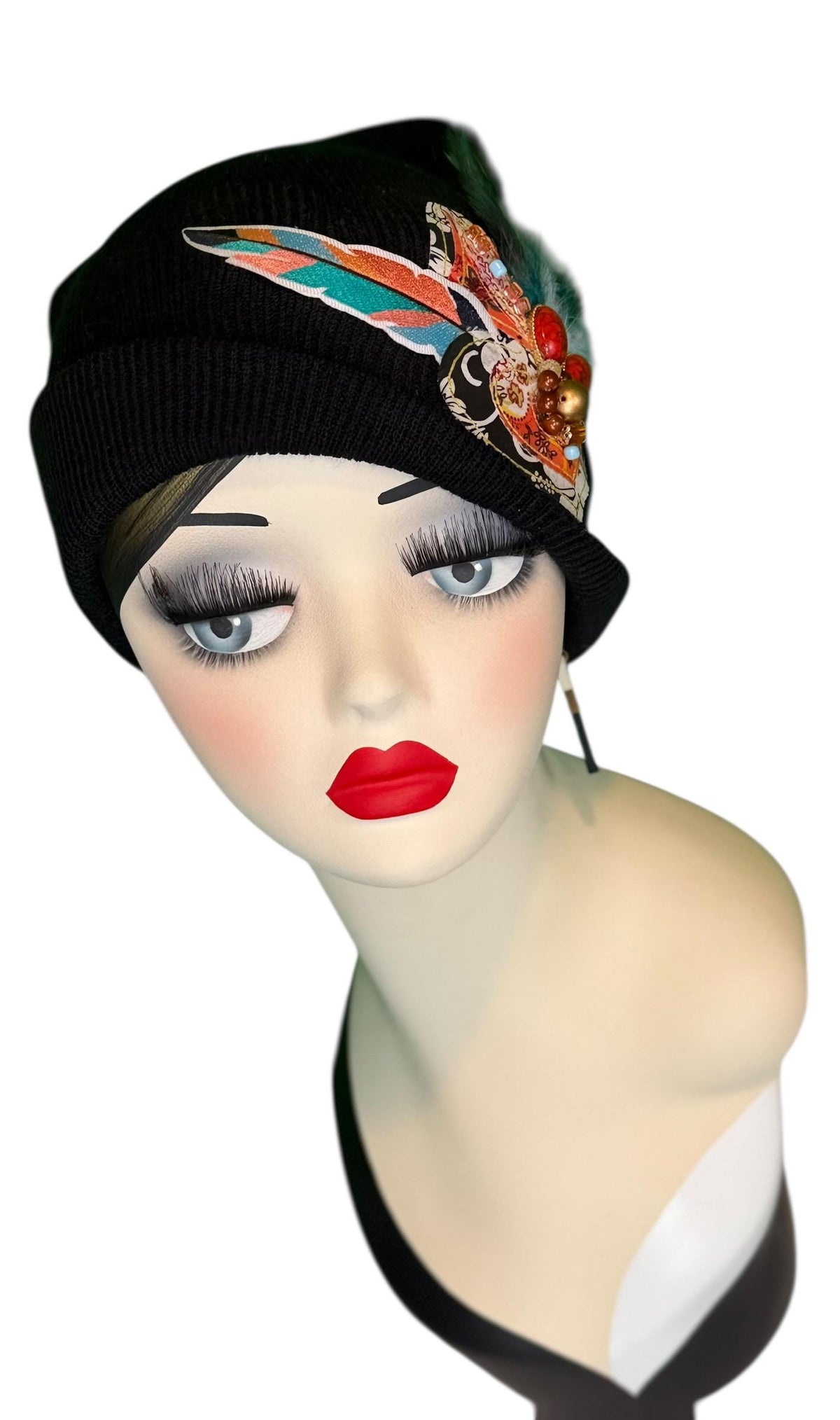 Tribal Night-Time Vibes Patchwork Flapper Designer Feathered Jeweled Embellished Knit Hat Beanie Vintage Boutique Accessory