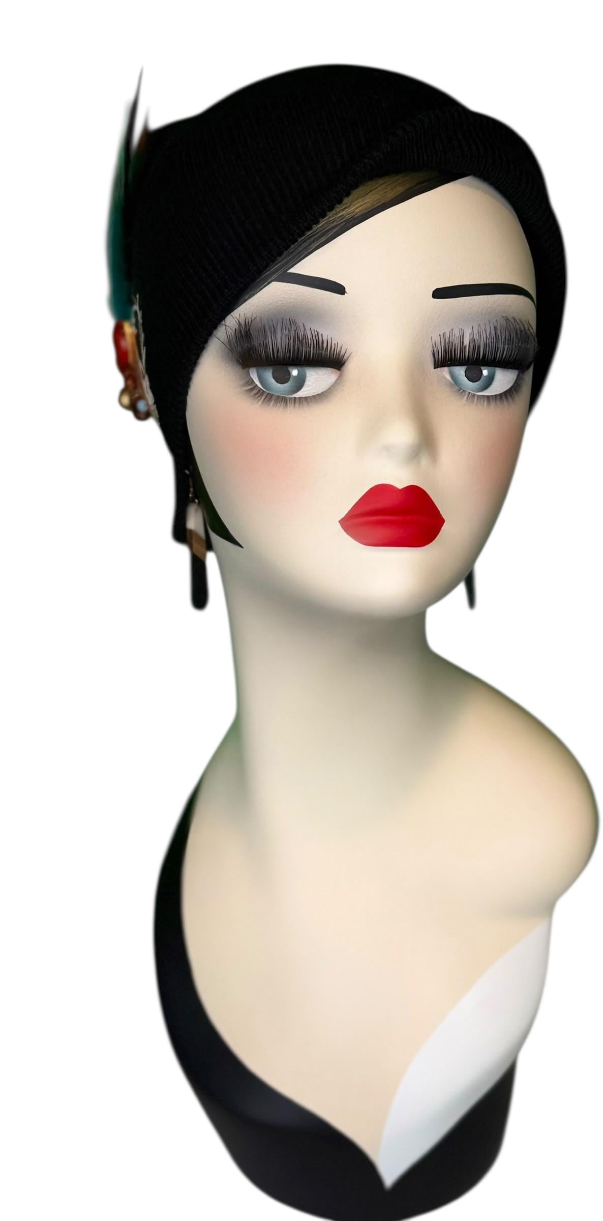 Tribal Night-Time Vibes Patchwork Flapper Designer Feathered Jeweled Embellished Knit Hat Beanie Vintage Boutique Accessory