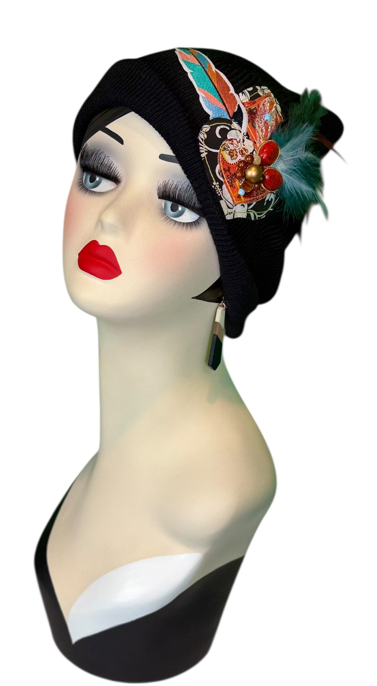 Tribal Night-Time Vibes Patchwork Flapper Designer Feathered Jeweled Embellished Knit Hat Beanie Vintage Boutique Accessory