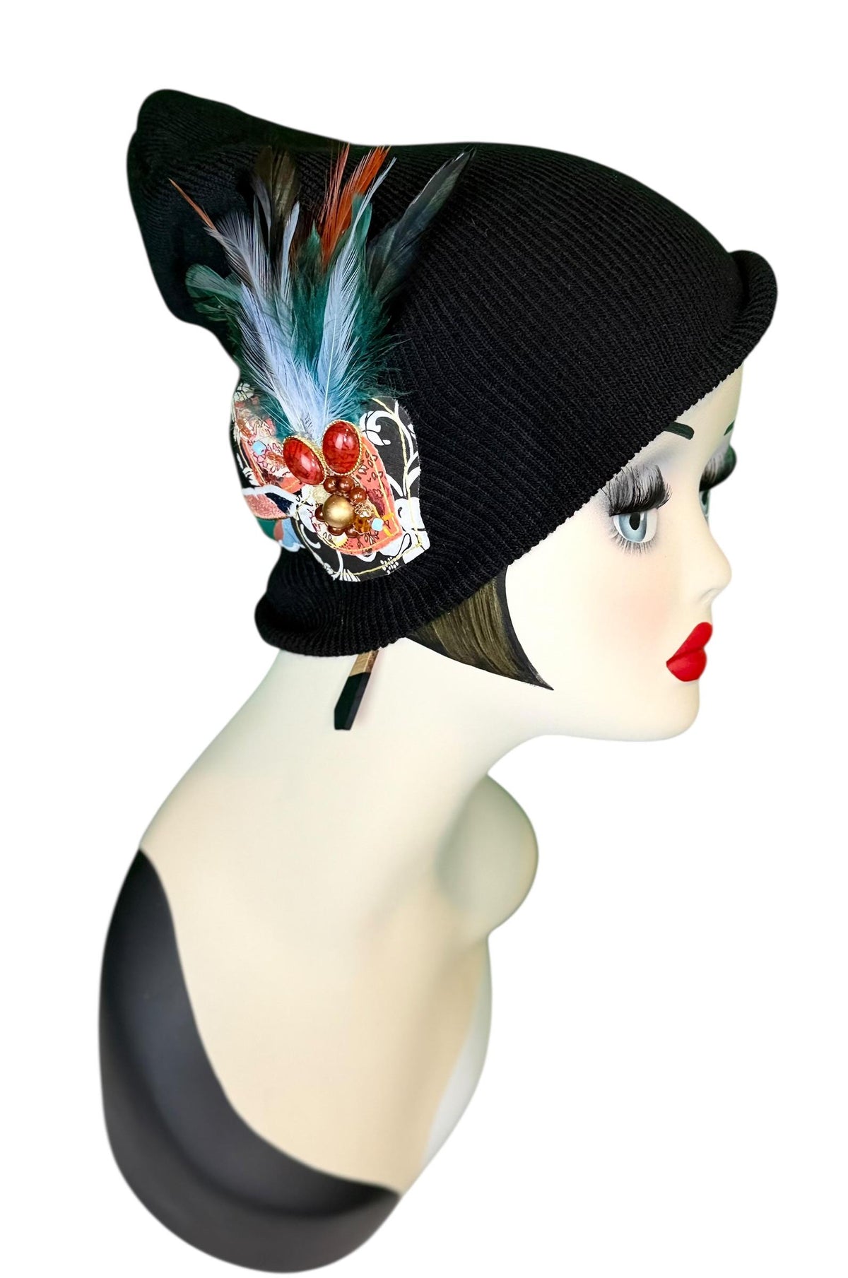 Tribal Night-Time Vibes Patchwork Flapper Designer Feathered Jeweled Embellished Knit Hat Beanie Vintage Boutique Accessory