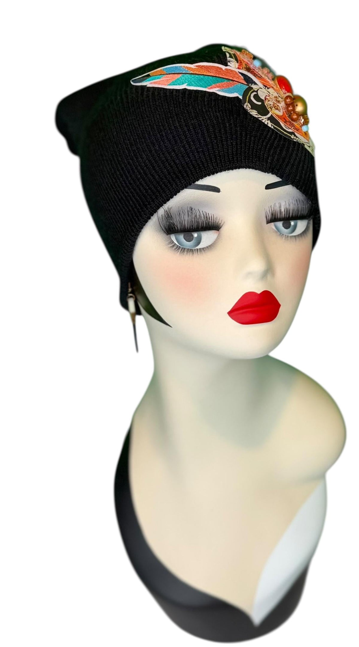 Tribal Night-Time Vibes Patchwork Flapper Designer Feathered Jeweled Embellished Knit Hat Beanie Vintage Boutique Accessory