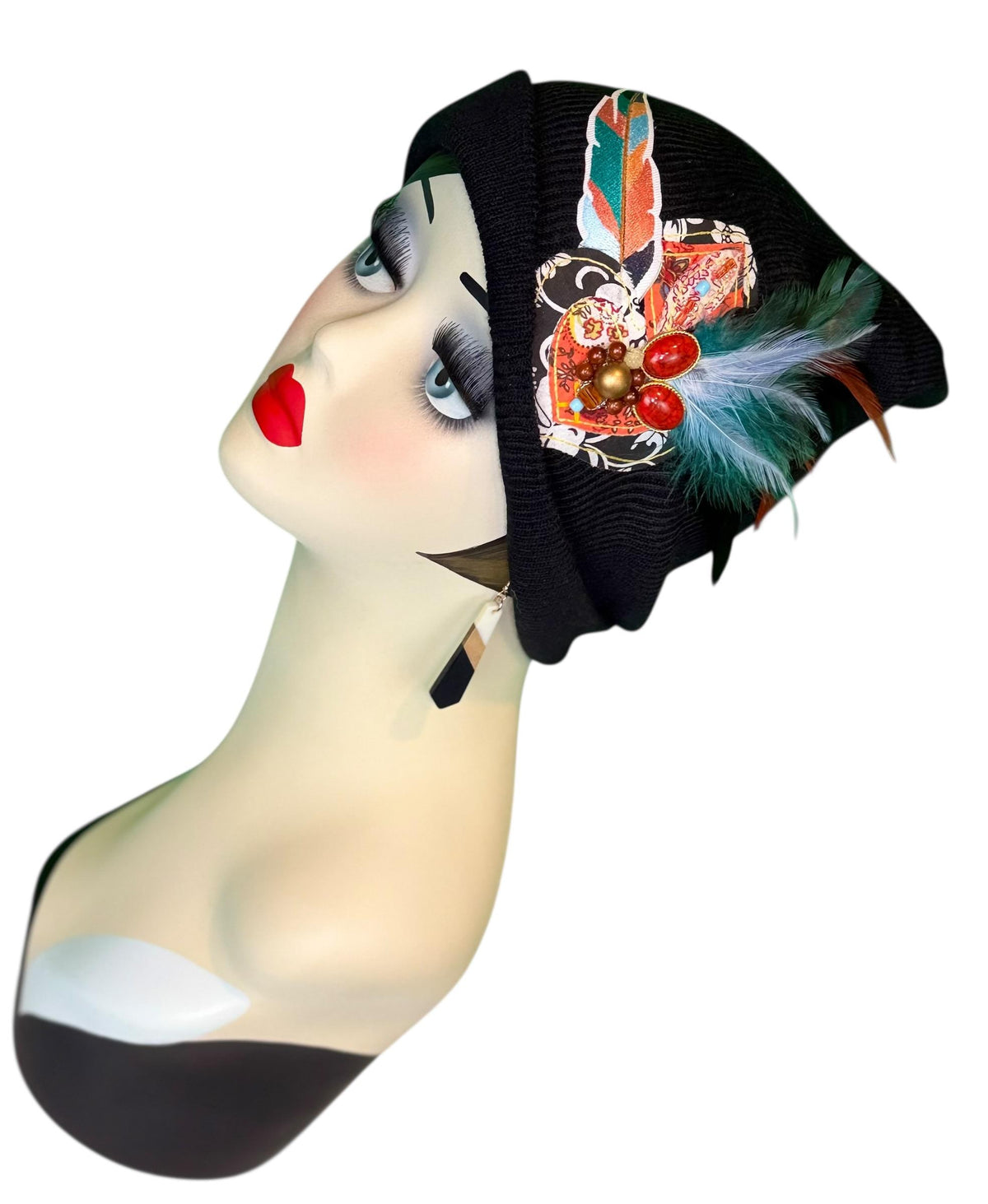 Tribal Night-Time Vibes Patchwork Flapper Designer Feathered Jeweled Embellished Knit Hat Beanie Vintage Boutique Accessory