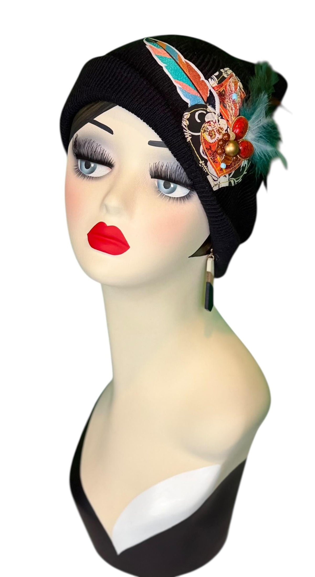 Tribal Night-Time Vibes Patchwork Flapper Designer Feathered Jeweled Embellished Knit Hat Beanie Vintage Boutique Accessory