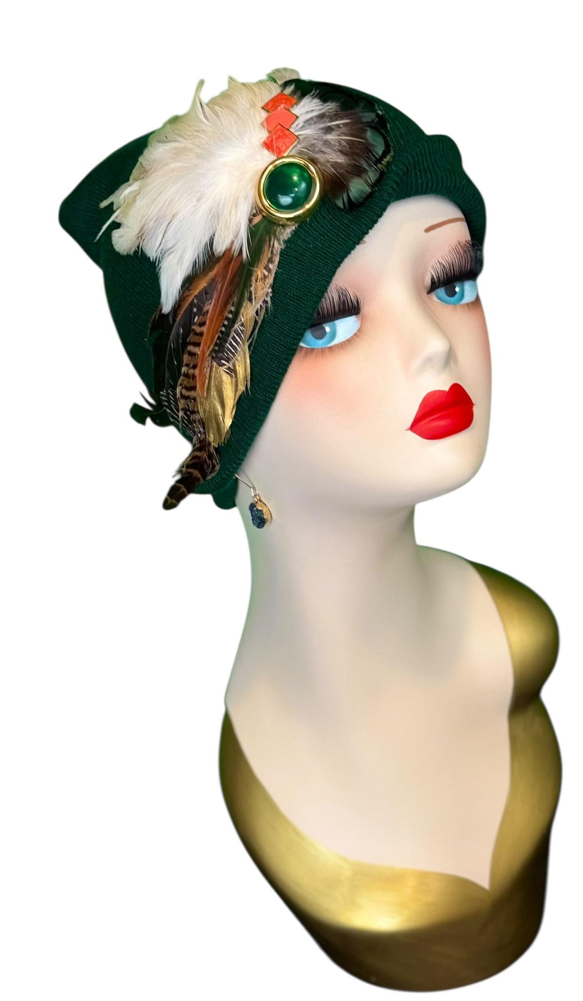 Emerald Orange - Walk by the Lake -Embellished Vintage Jeweled - Unique Fashionable Fancy Flapper Beanie