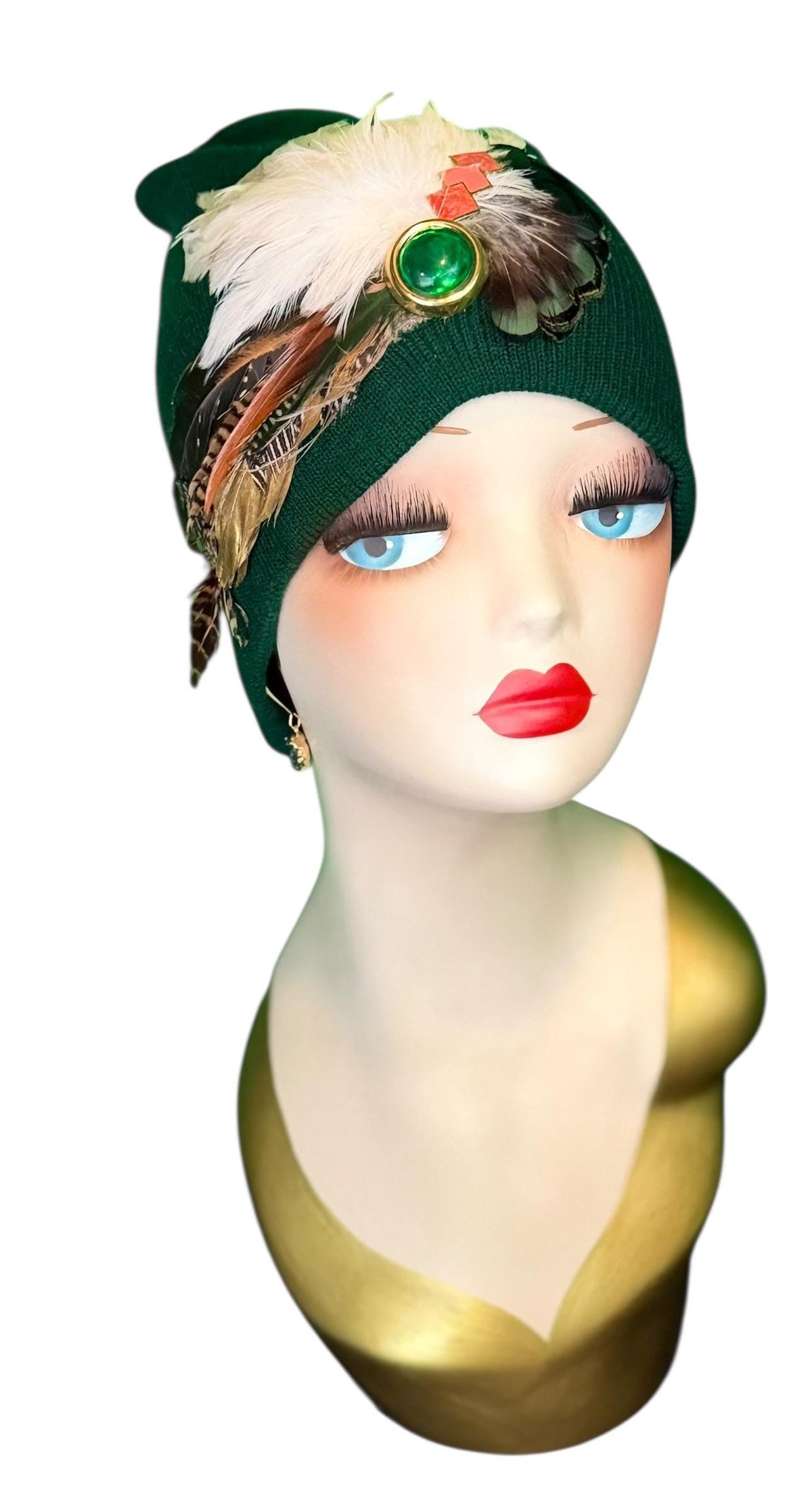 Emerald Orange - Walk by the Lake -Embellished Vintage Jeweled - Unique Fashionable Fancy Flapper Beanie