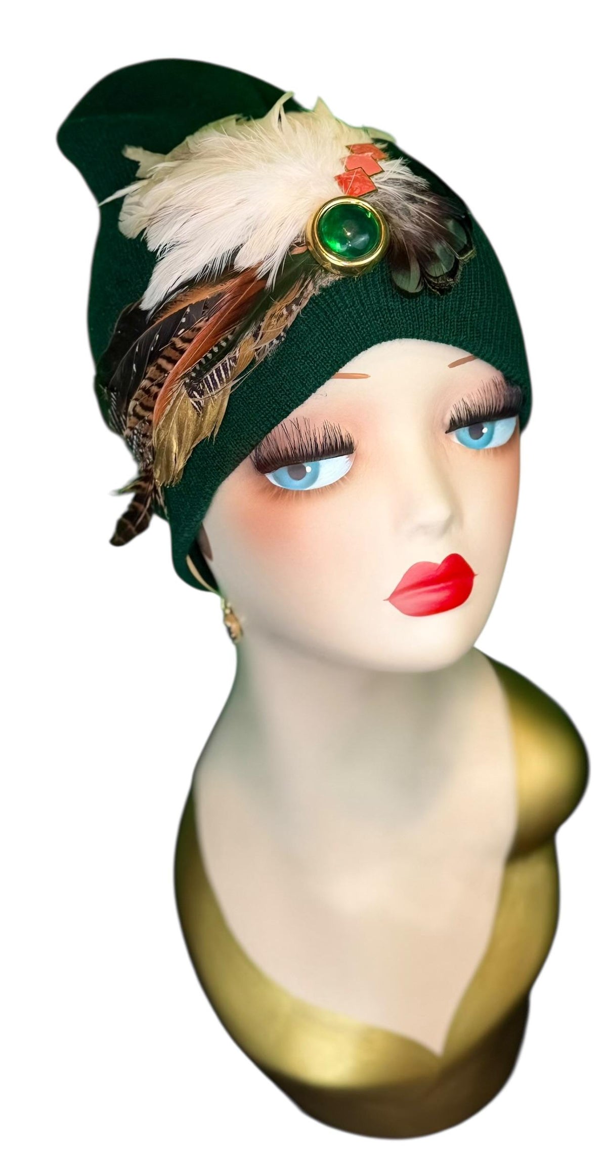 Emerald Orange - Walk by the Lake -Embellished Vintage Jeweled - Unique Fashionable Fancy Flapper Beanie