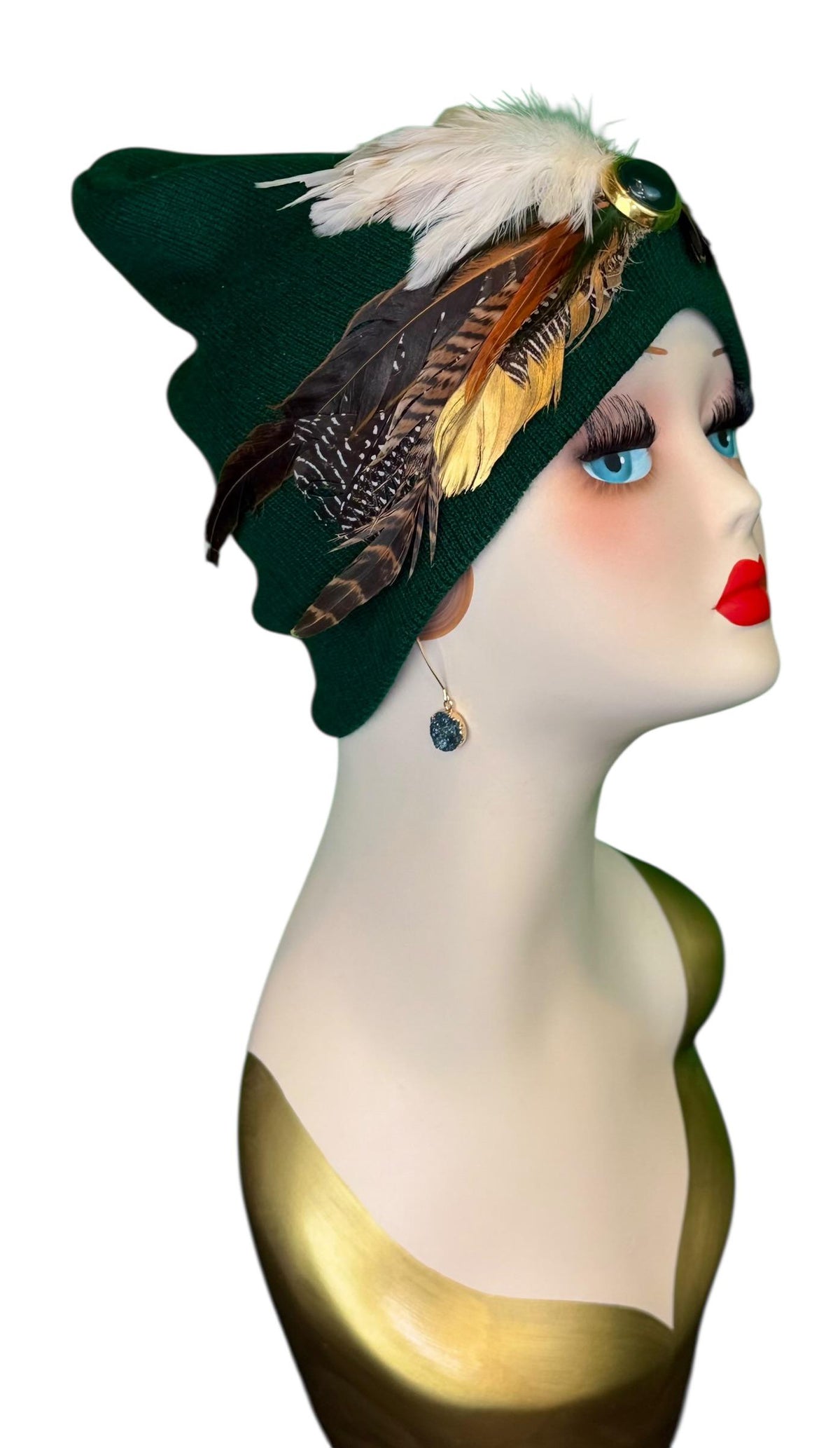 Emerald Orange - Walk by the Lake -Embellished Vintage Jeweled - Unique Fashionable Fancy Flapper Beanie