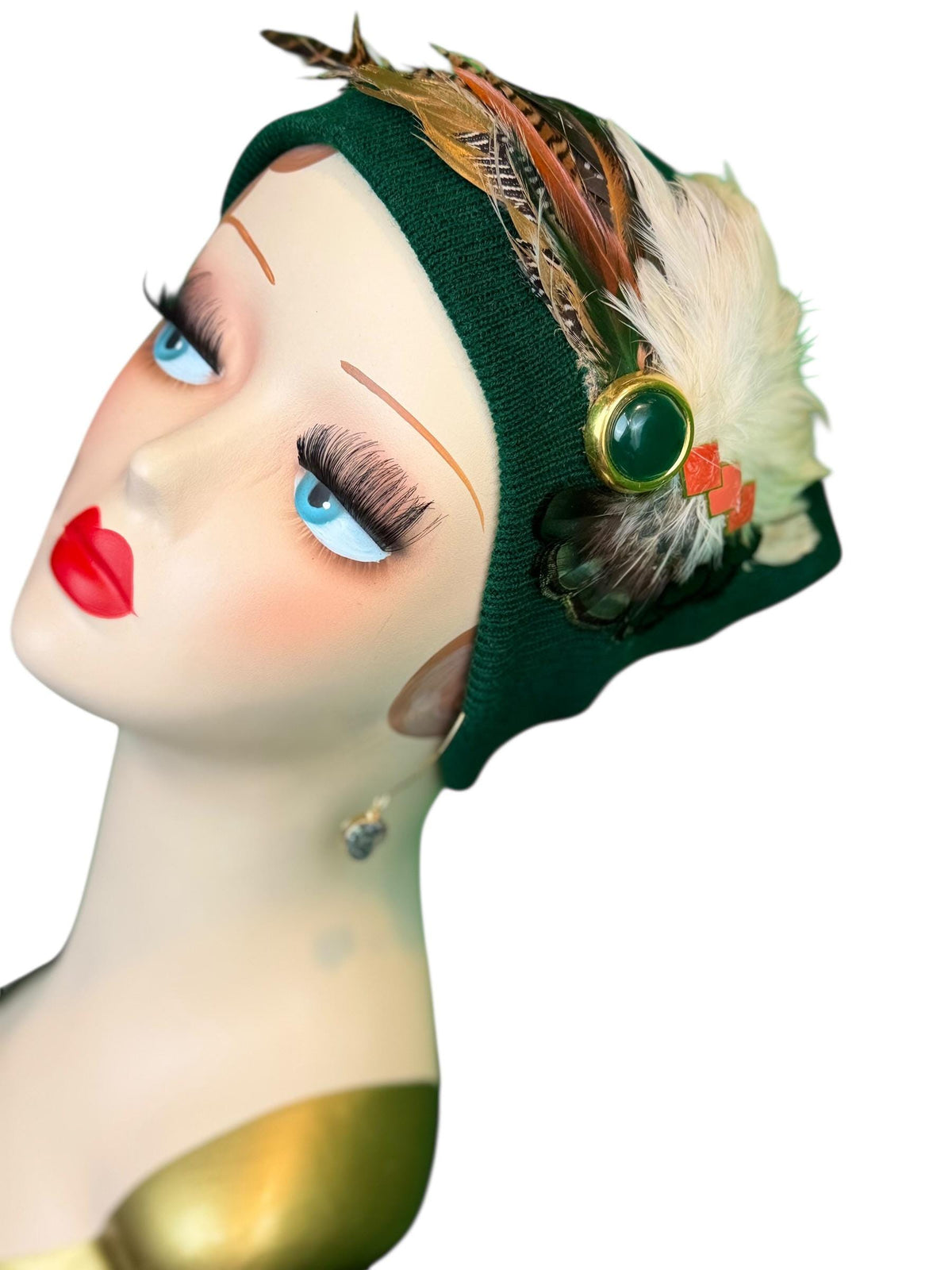 Emerald Orange - Walk by the Lake -Embellished Vintage Jeweled - Unique Fashionable Fancy Flapper Beanie