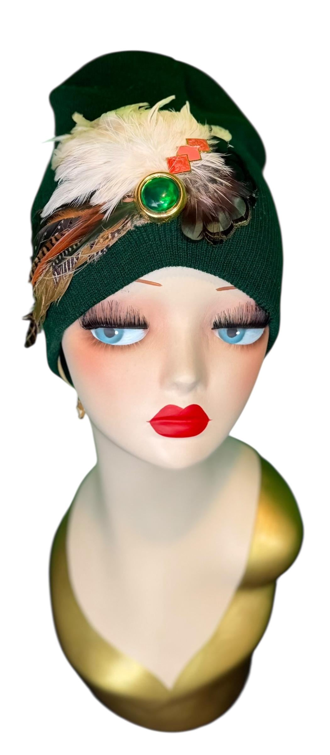 Emerald Orange - Walk by the Lake -Embellished Vintage Jeweled - Unique Fashionable Fancy Flapper Beanie