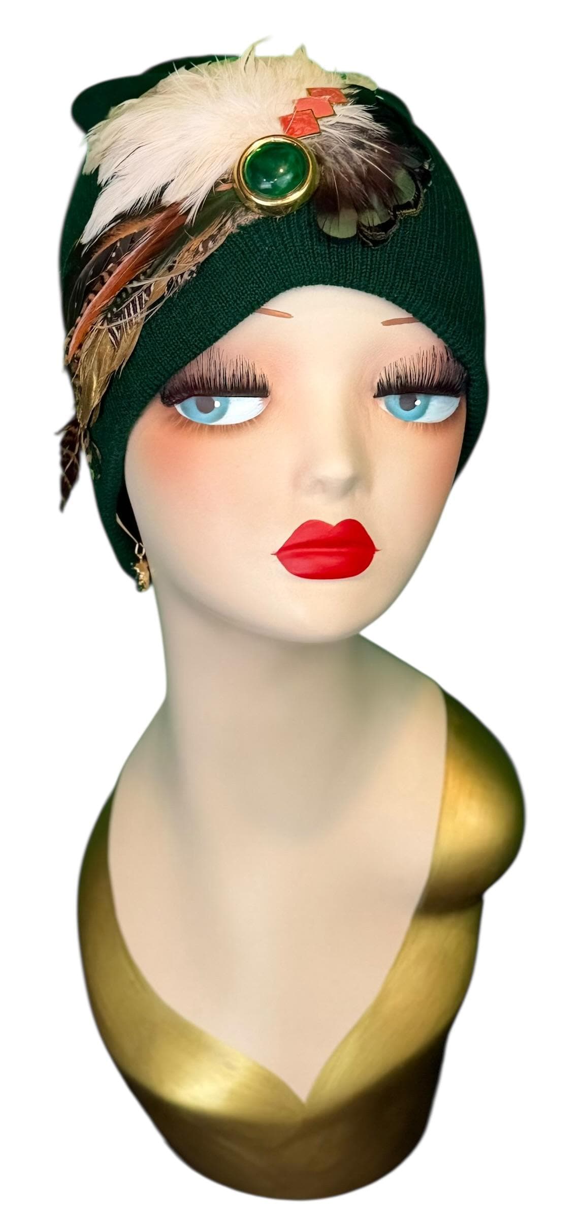 Emerald Orange - Walk by the Lake -Embellished Vintage Jeweled - Unique Fashionable Fancy Flapper Beanie