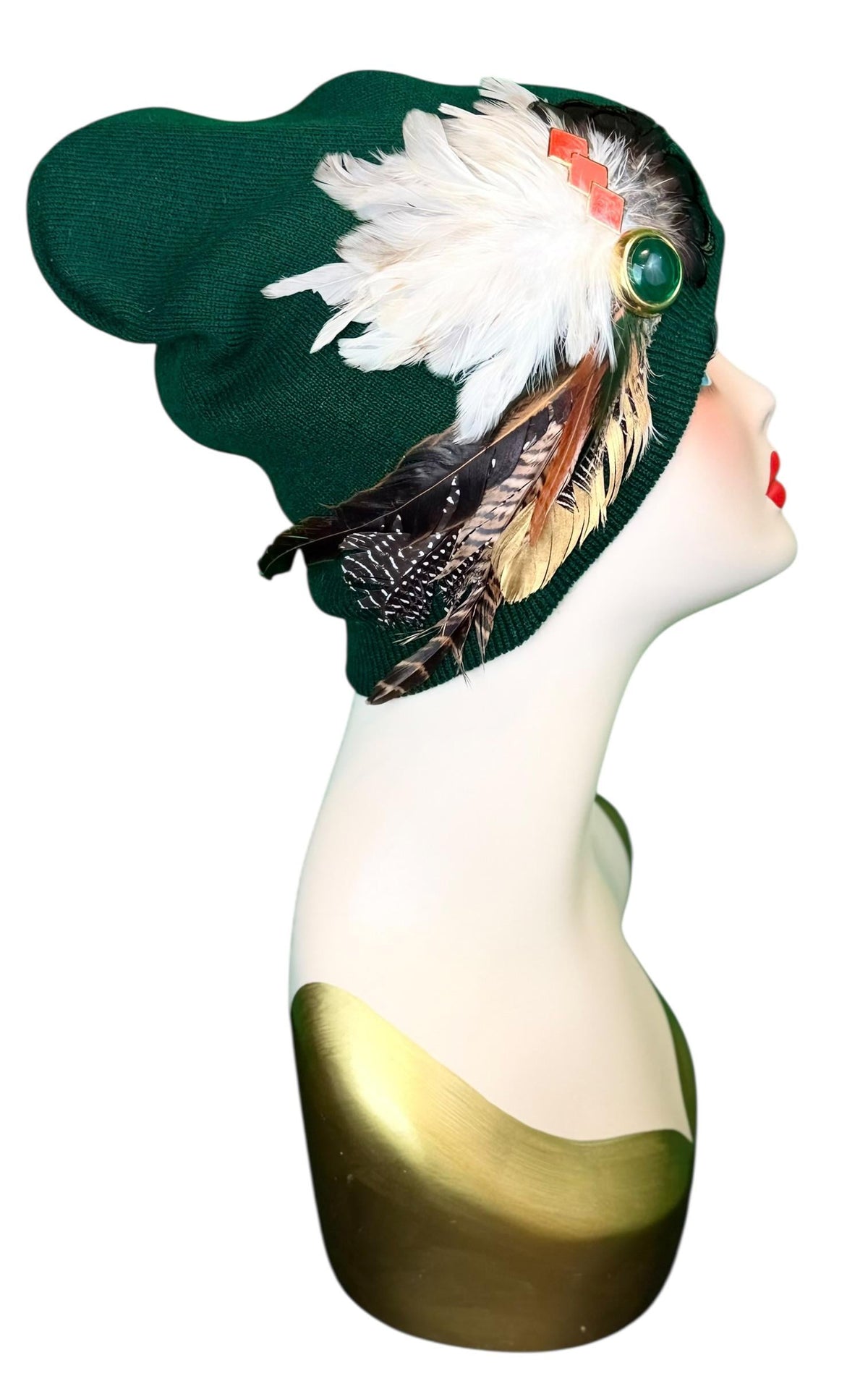 Emerald Orange - Walk by the Lake -Embellished Vintage Jeweled - Unique Fashionable Fancy Flapper Beanie
