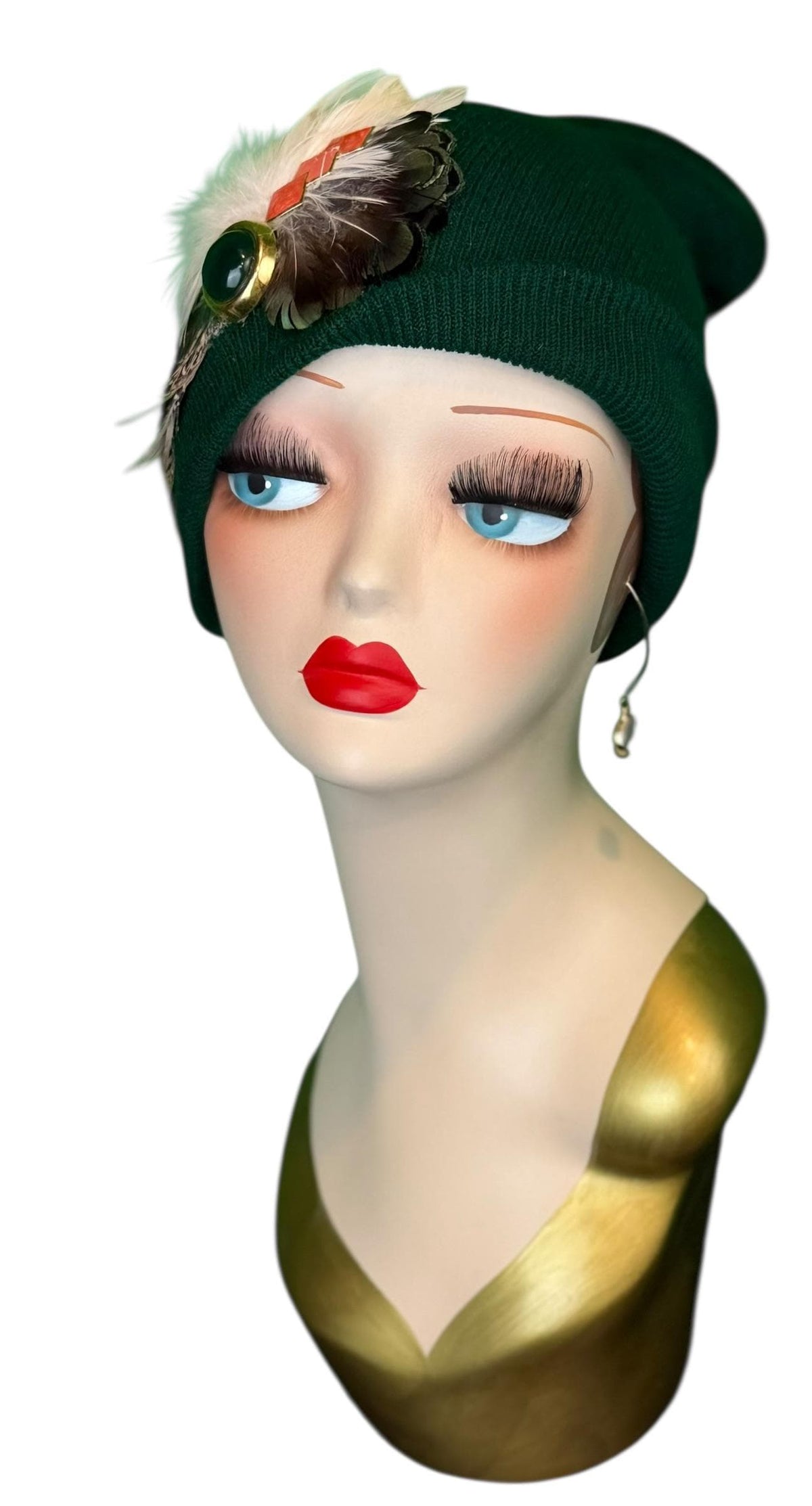 Emerald Orange - Walk by the Lake -Embellished Vintage Jeweled - Unique Fashionable Fancy Flapper Beanie