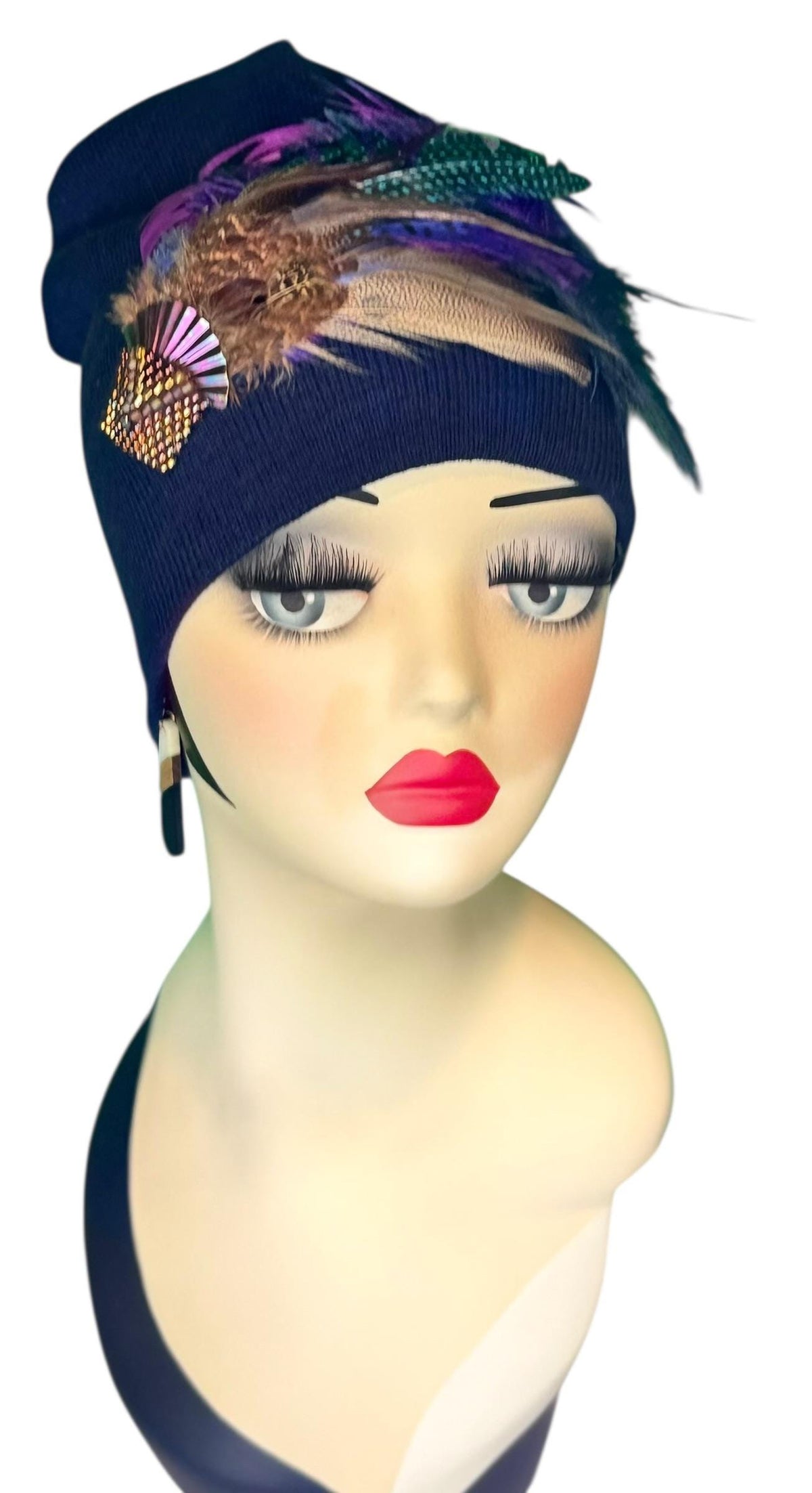 Midnight Haze Fashionable Statement Flapper Feather & Jeweled Vintage Embellished Hat