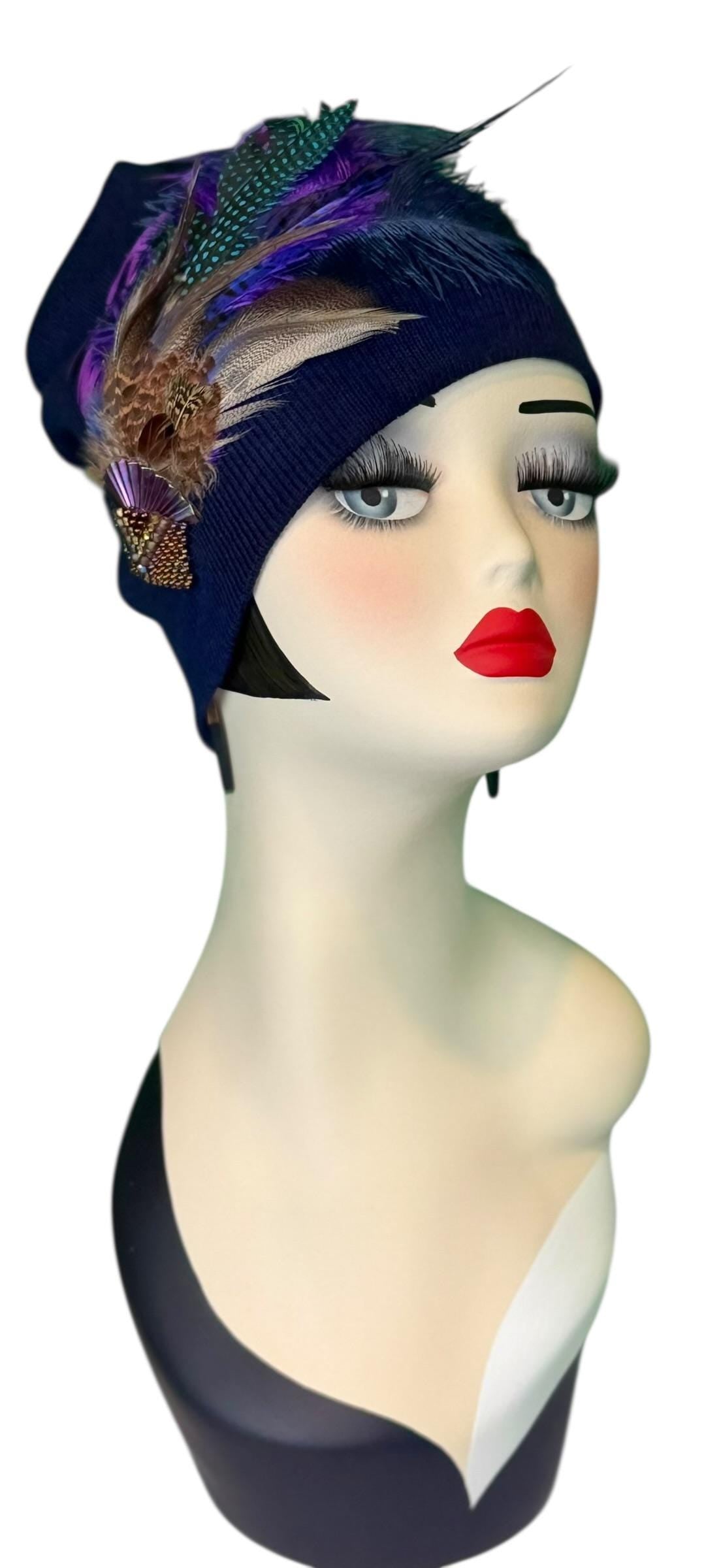 Midnight Haze Fashionable Statement Flapper Feather & Jeweled Vintage Embellished Hat