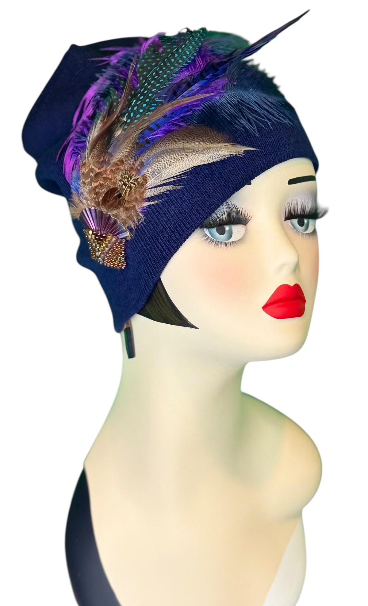 Midnight Haze Fashionable Statement Flapper Feather & Jeweled Vintage Embellished Hat