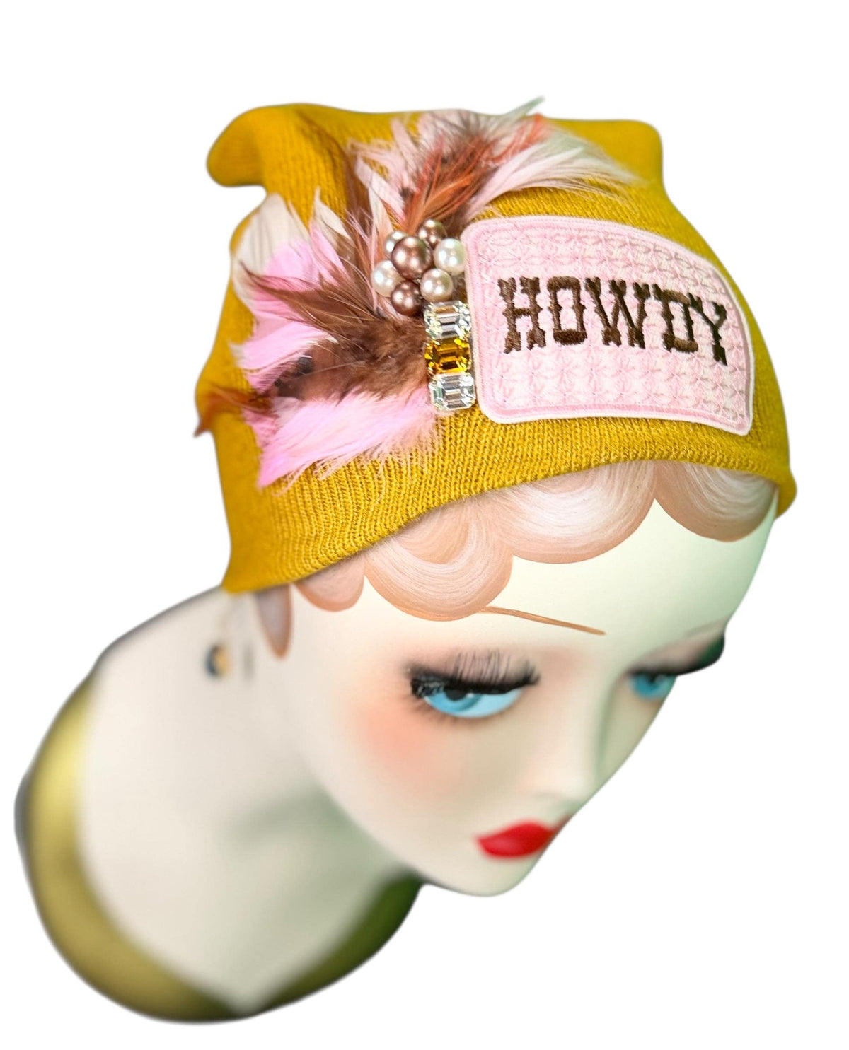 HOWDY Cowgirl | Patchwork Feathered & Vintage Jeweled Designer Beanie