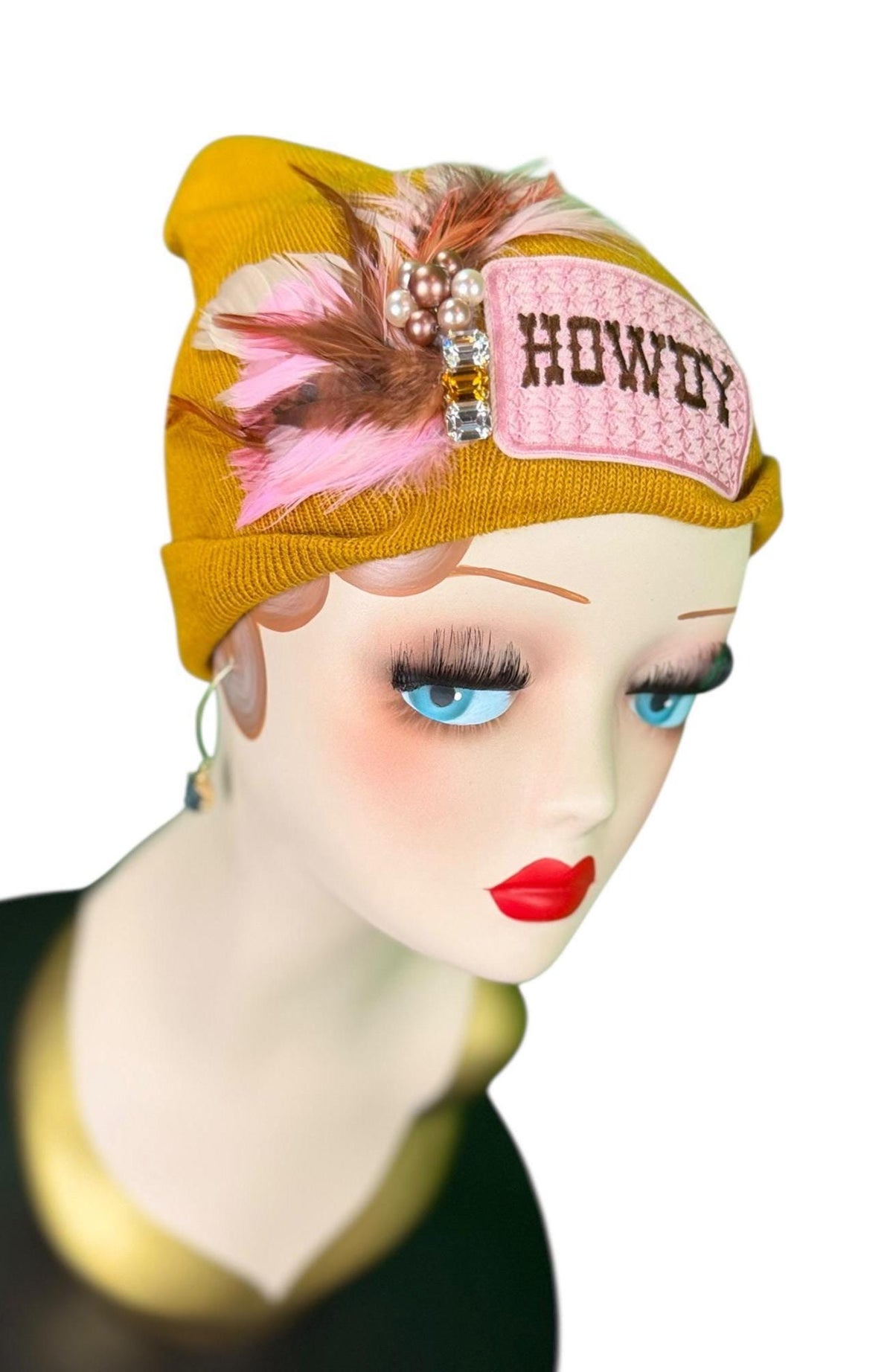 HOWDY Cowgirl | Patchwork Feathered & Vintage Jeweled Designer Beanie