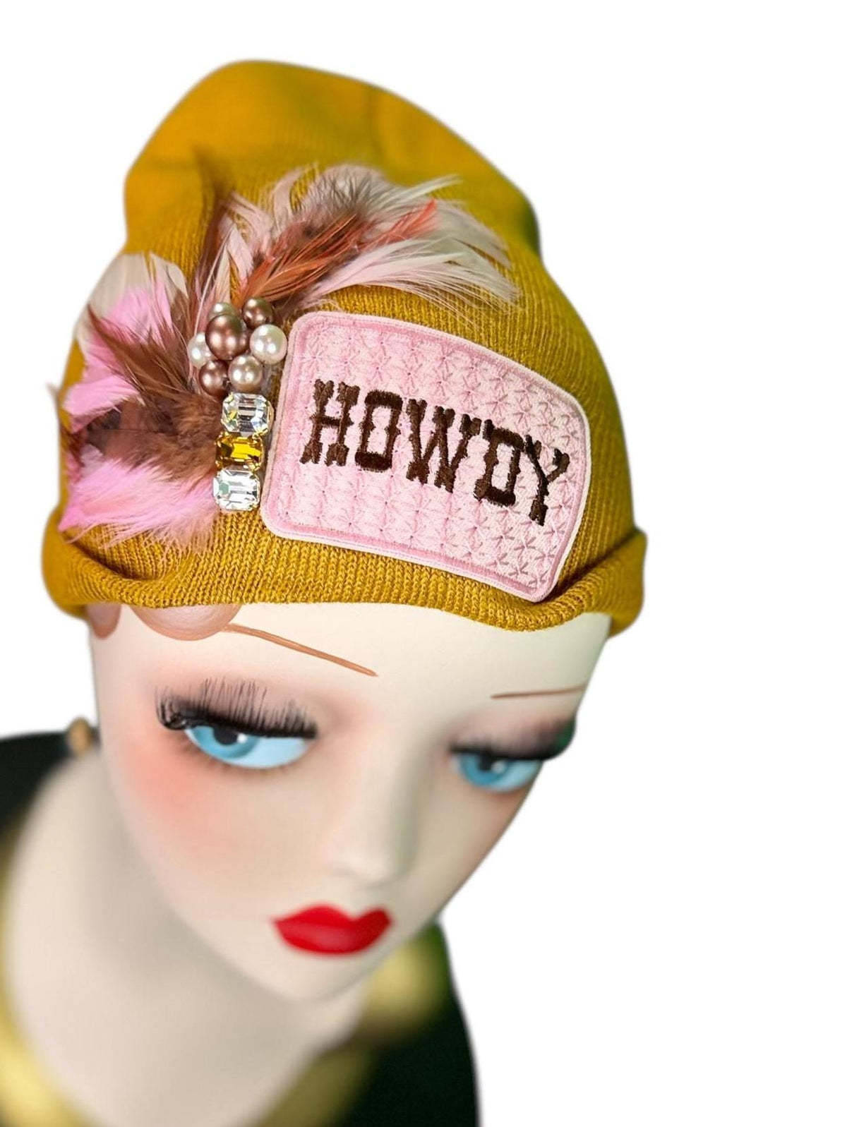 HOWDY Cowgirl | Patchwork Feathered & Vintage Jeweled Designer Beanie