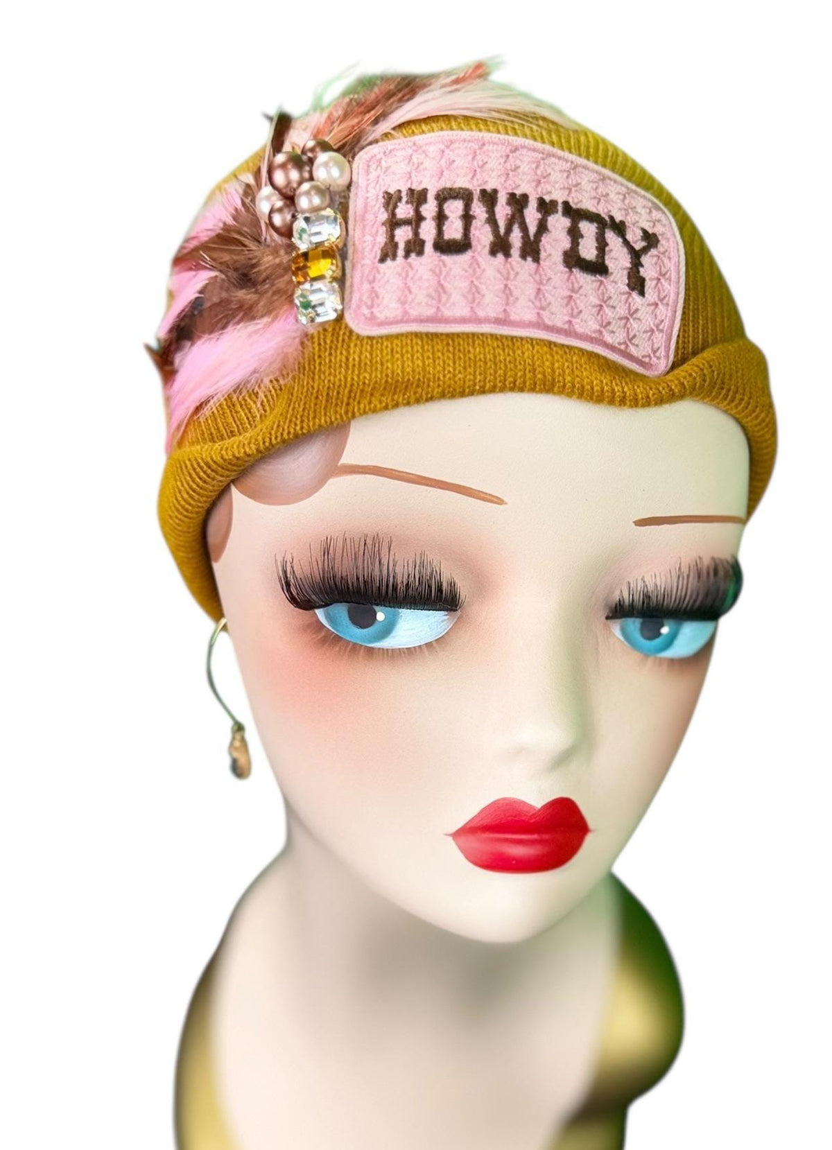 HOWDY Cowgirl | Patchwork Feathered & Vintage Jeweled Designer Beanie