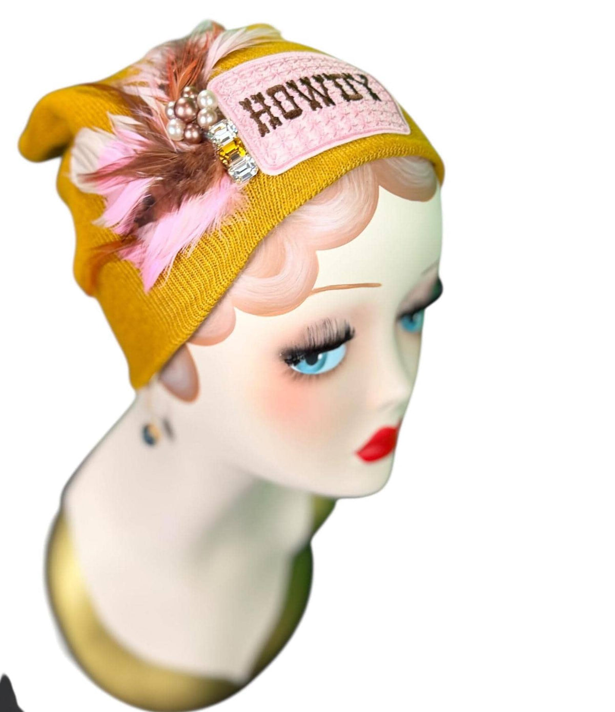 HOWDY Cowgirl | Patchwork Feathered & Vintage Jeweled Designer Beanie