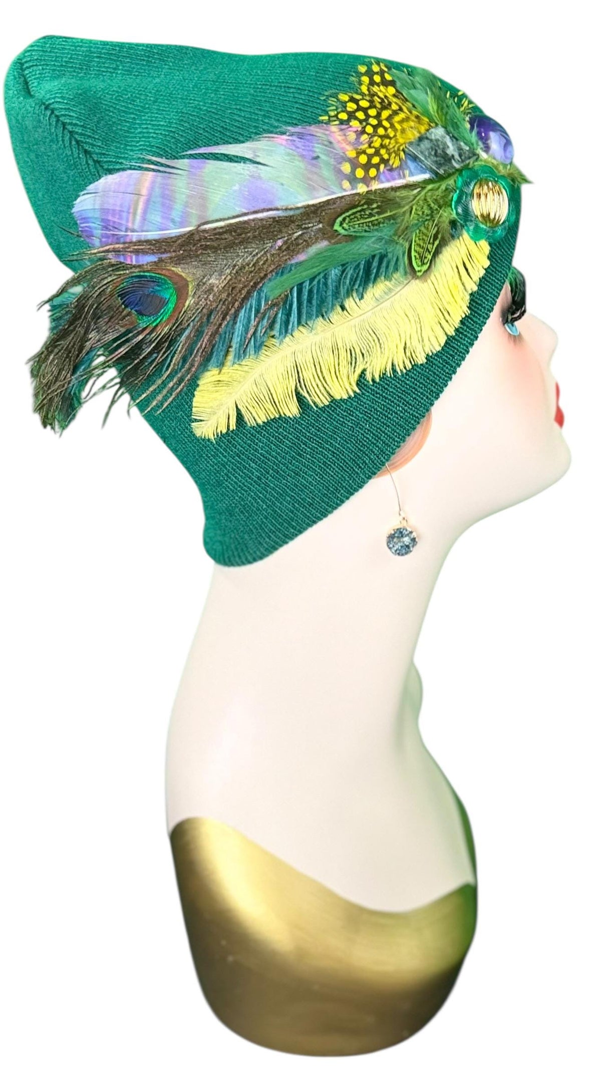 Fancy Flapper Style Vintage Jeweled Slouchy Knit Hat with Feather Accents