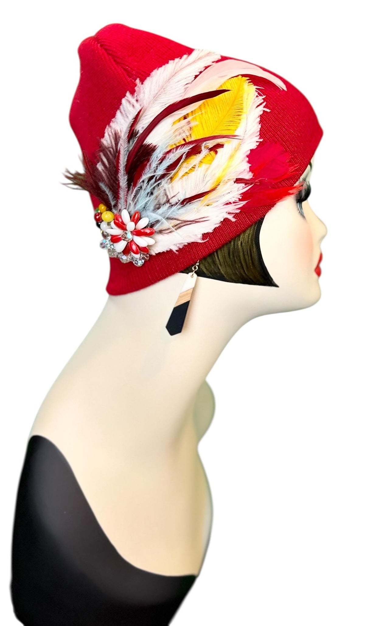 Fiery Red Candy Fancy Feathered & Jeweled Vintage Embellished Flapper Winter Hat
