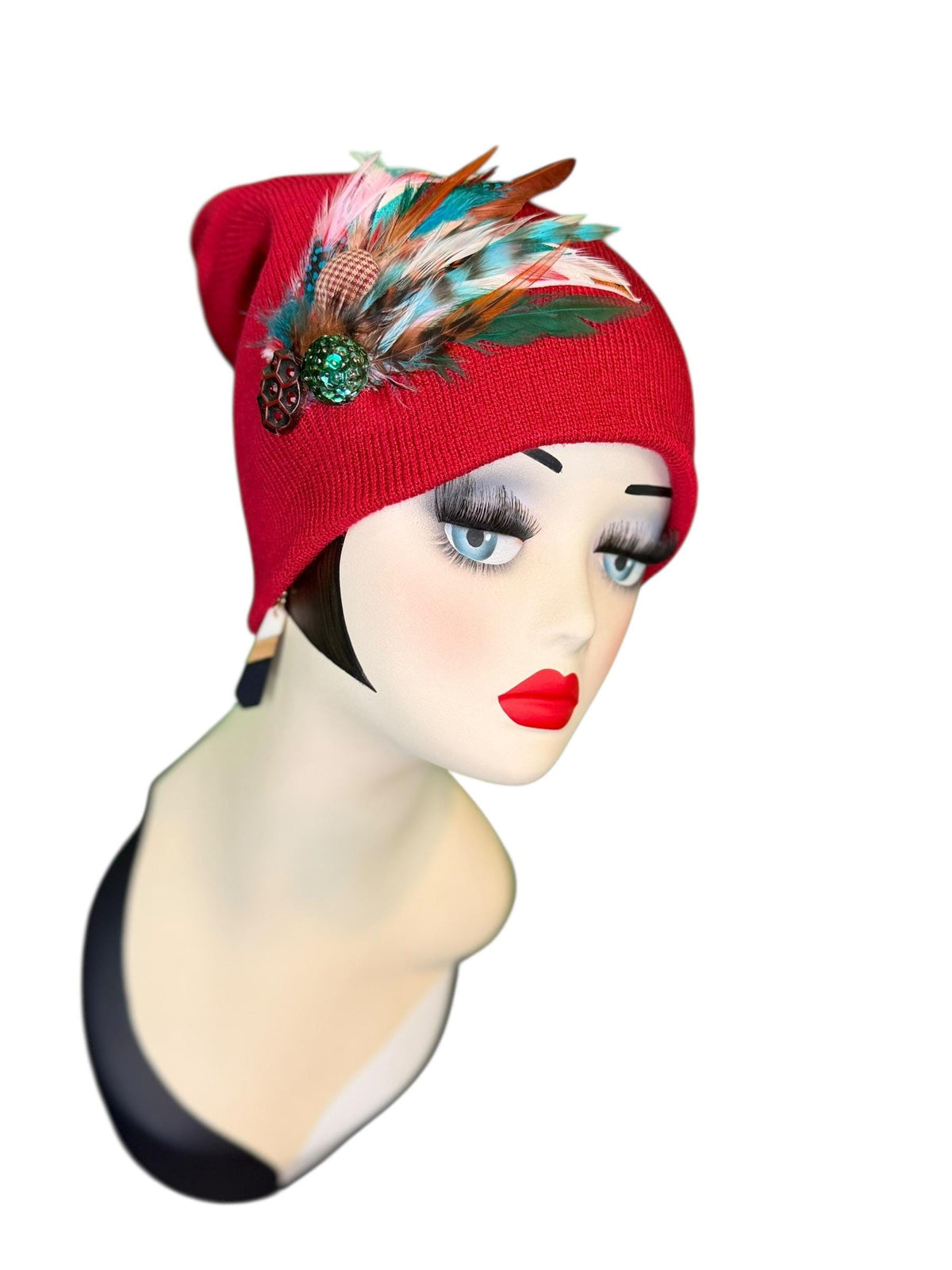 Red Dragon Feather Statement Patchwork Flapper - Embellished Vintage Jeweled & Feathered All Season Wearables