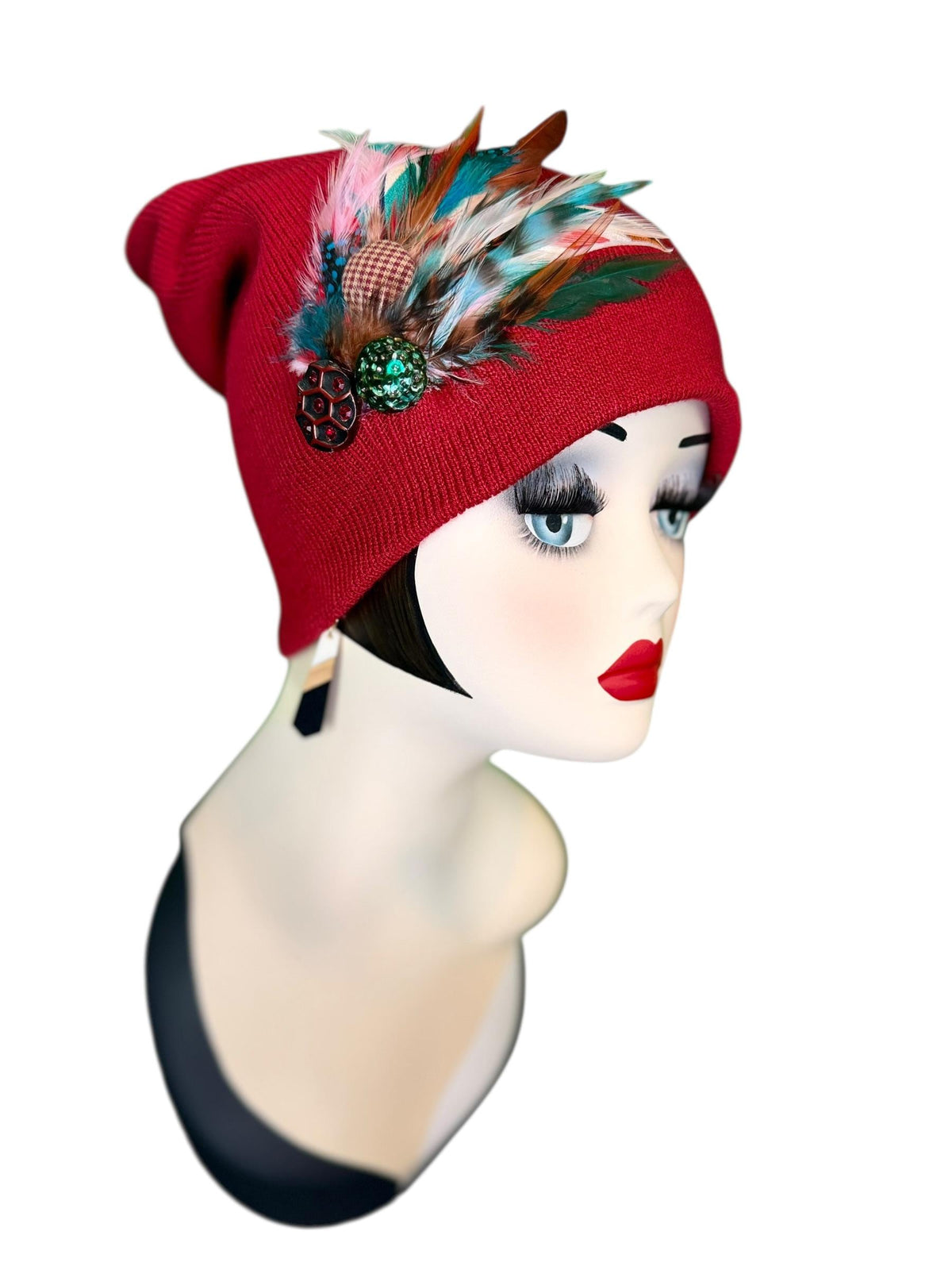Red Dragon Feather Statement Patchwork Flapper - Embellished Vintage Jeweled & Feathered All Season Wearables