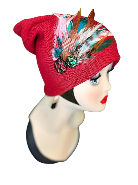 Red Dragon Feather Statement Patchwork Flapper - Embellished Vintage Jeweled & Feathered All Season Wearables