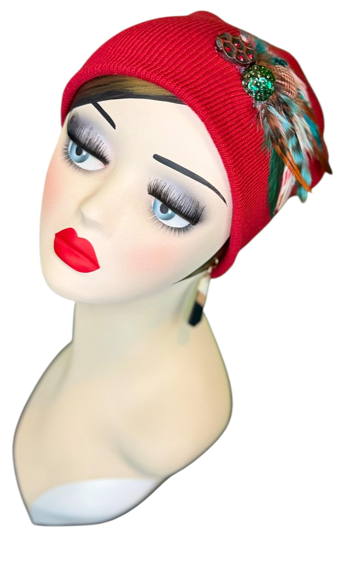 Red Dragon Feather Statement Patchwork Flapper - Embellished Vintage Jeweled & Feathered All Season Wearables