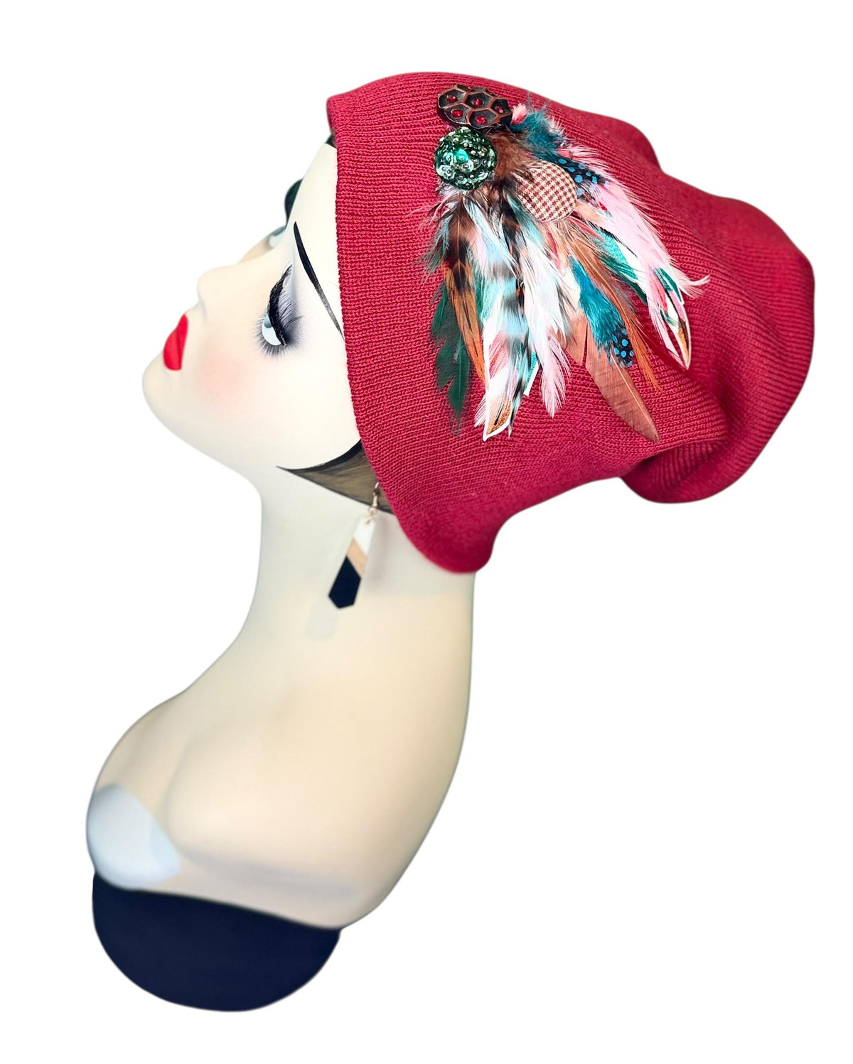 Red Dragon Feather Statement Patchwork Flapper - Embellished Vintage Jeweled & Feathered All Season Wearables