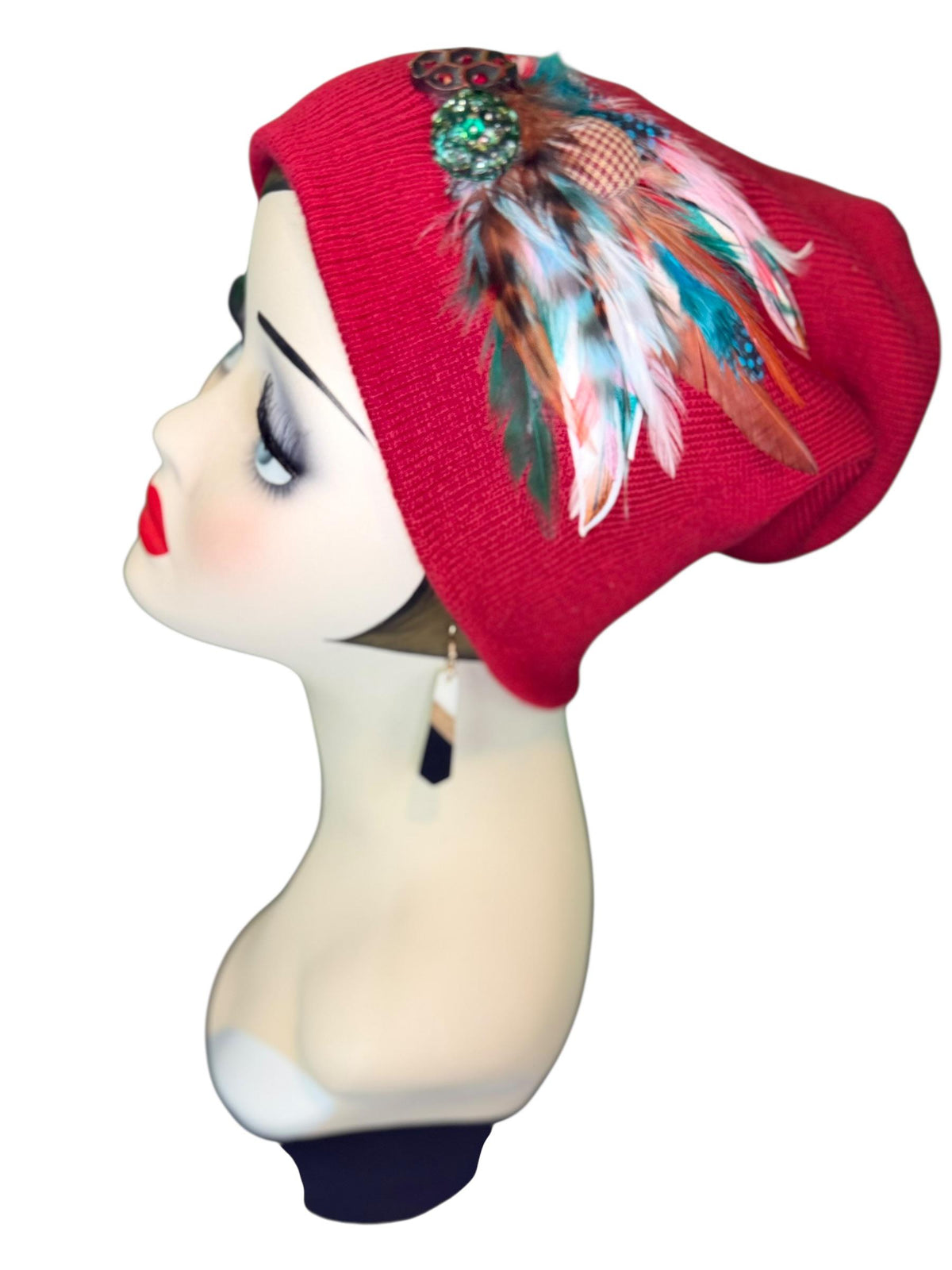 Red Dragon Feather Statement Patchwork Flapper - Embellished Vintage Jeweled & Feathered All Season Wearables