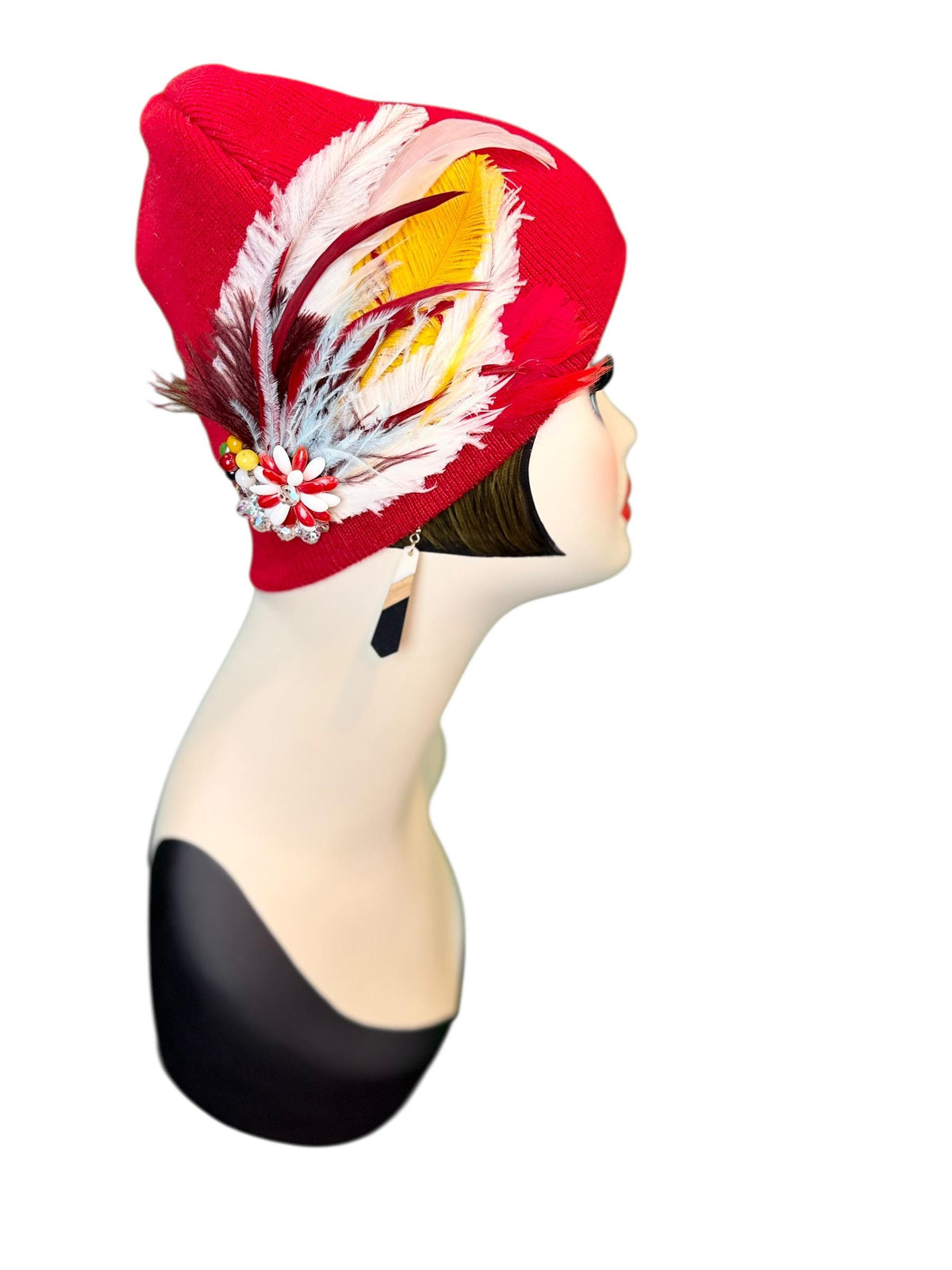 Fiery Red Candy Fancy Feathered & Jeweled Vintage Embellished Flapper Winter Hat