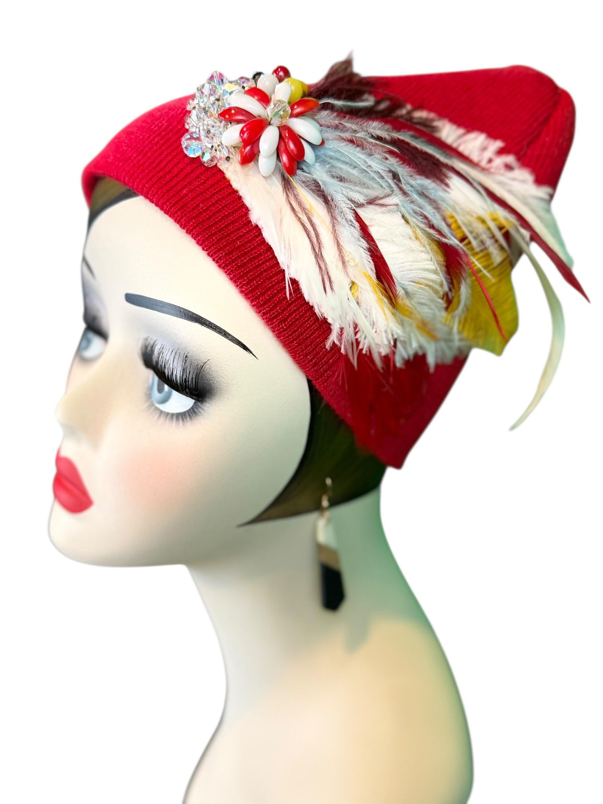 Fiery Red Candy Fancy Feathered & Jeweled Vintage Embellished Flapper Winter Hat