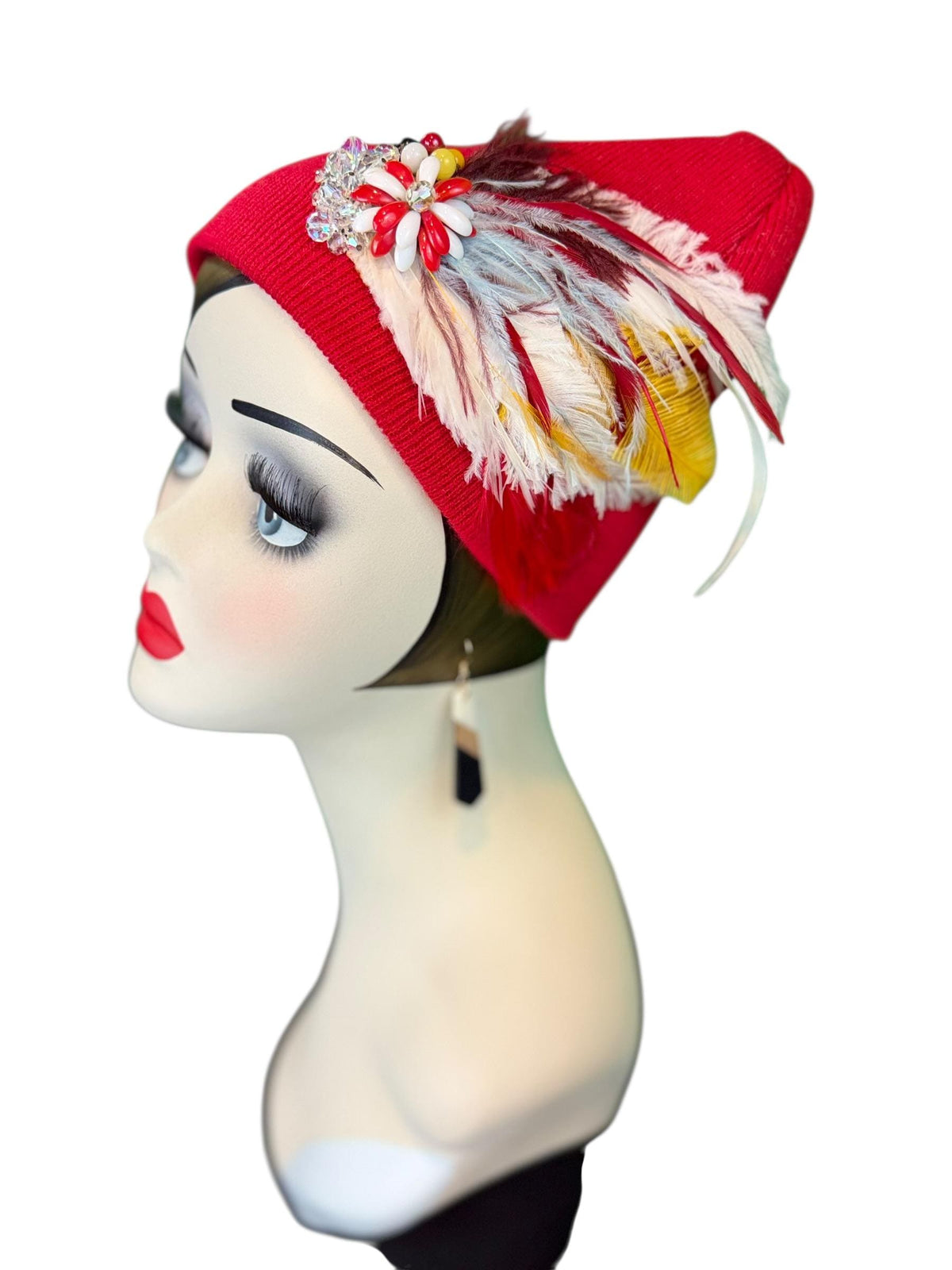 Fiery Red Candy Fancy Feathered & Jeweled Vintage Embellished Flapper Winter Hat