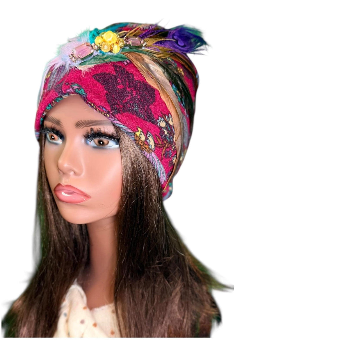 Paradise Island Statement Unique Floral Flapper Jeweled Designer Feathered Winter Knit Hat