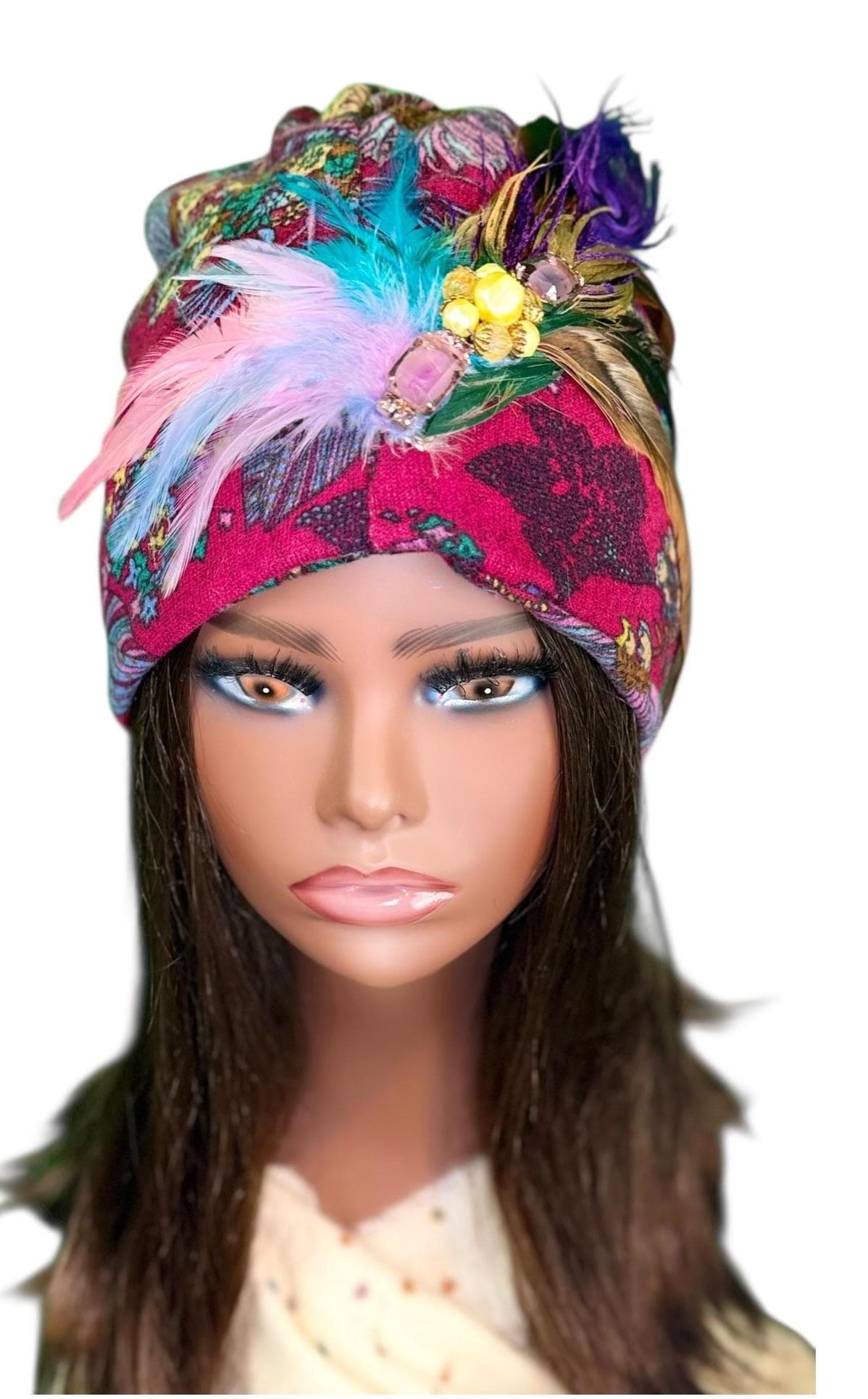 Paradise Island Statement Unique Floral Flapper Jeweled Designer Feathered Winter Knit Hat