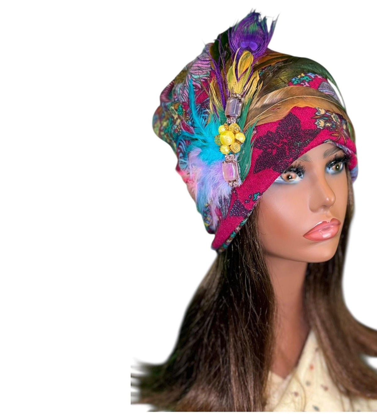 Paradise Island Statement Unique Floral Flapper Jeweled Designer Feathered Winter Knit Hat