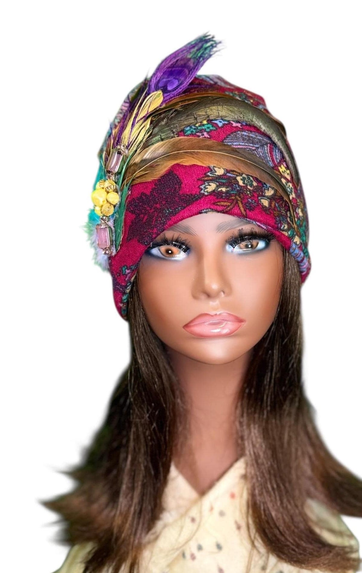 Paradise Island Statement Unique Floral Flapper Jeweled Designer Feathered Winter Knit Hat