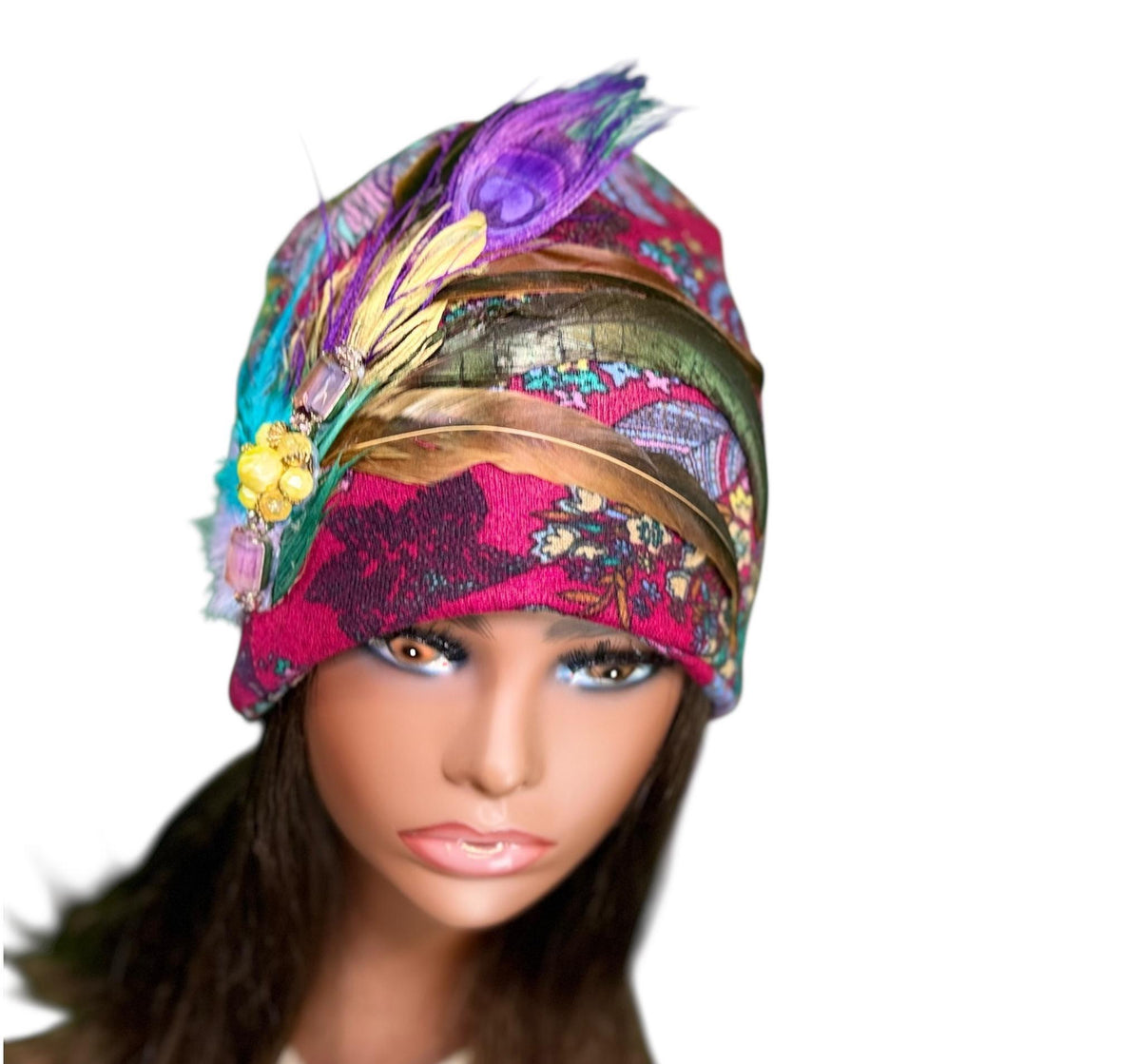 Paradise Island Statement Unique Floral Flapper Jeweled Designer Feathered Winter Knit Hat
