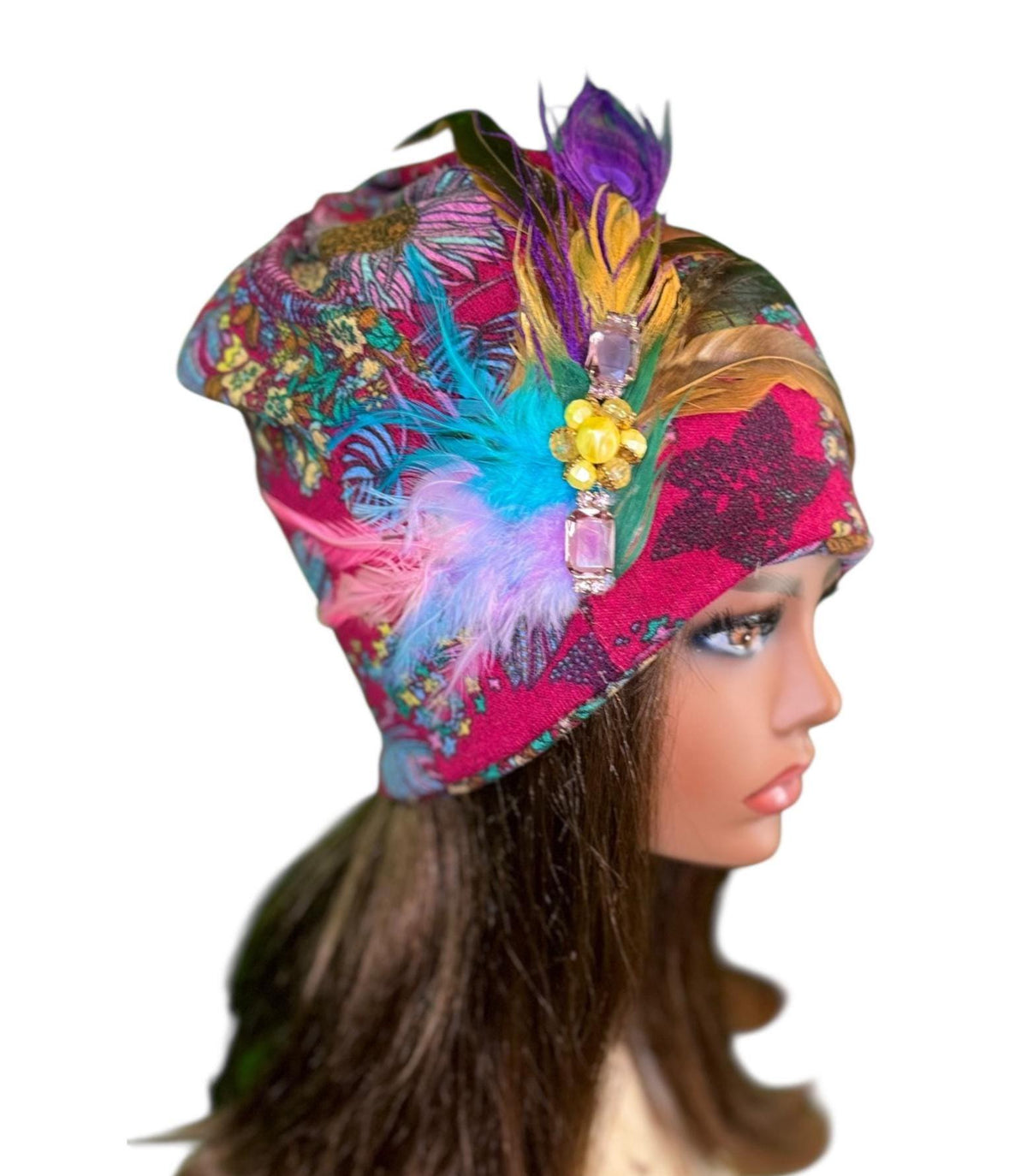 Paradise Island Statement Unique Floral Flapper Jeweled Designer Feathered Winter Knit Hat