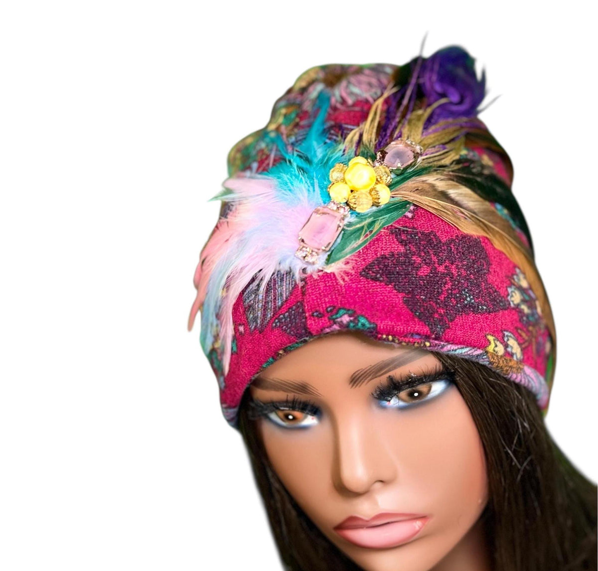 Paradise Island Statement Unique Floral Flapper Jeweled Designer Feathered Winter Knit Hat