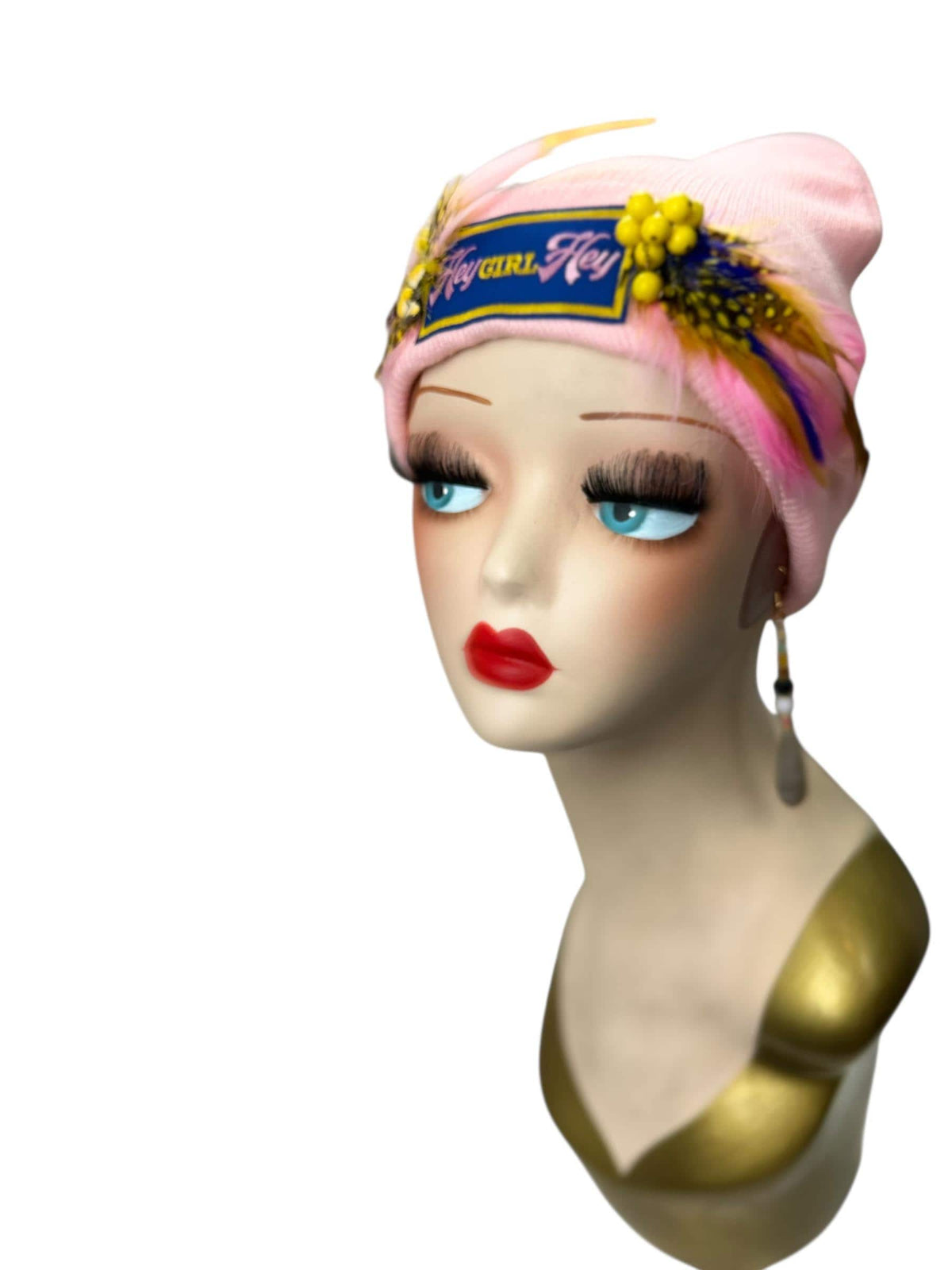 HEY Girl, HEY, Baby Pink Patchwork Vintage Jeweled & Feather Embellished Designer Beanie