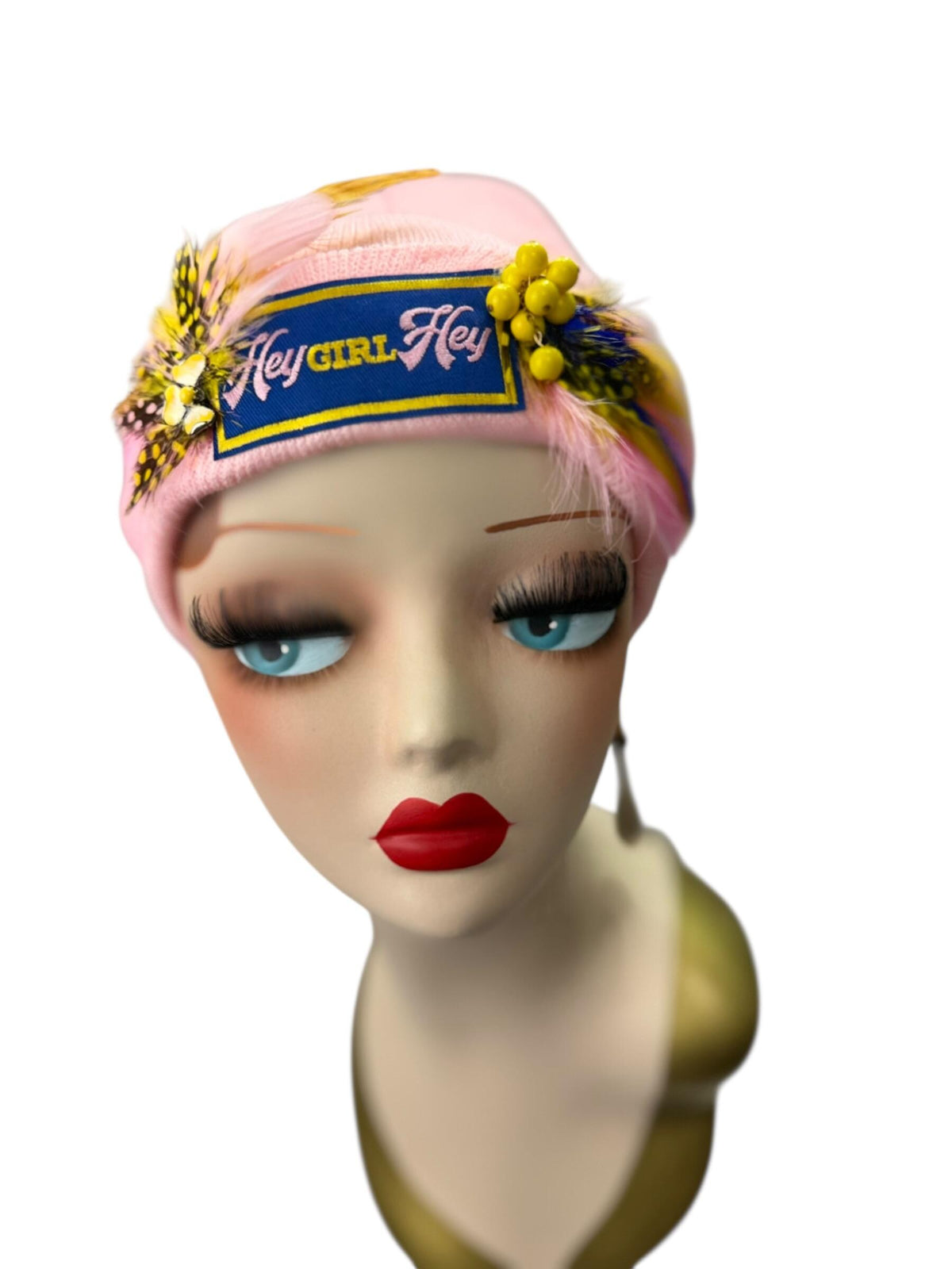 HEY Girl, HEY, Baby Pink Patchwork Vintage Jeweled & Feather Embellished Designer Beanie