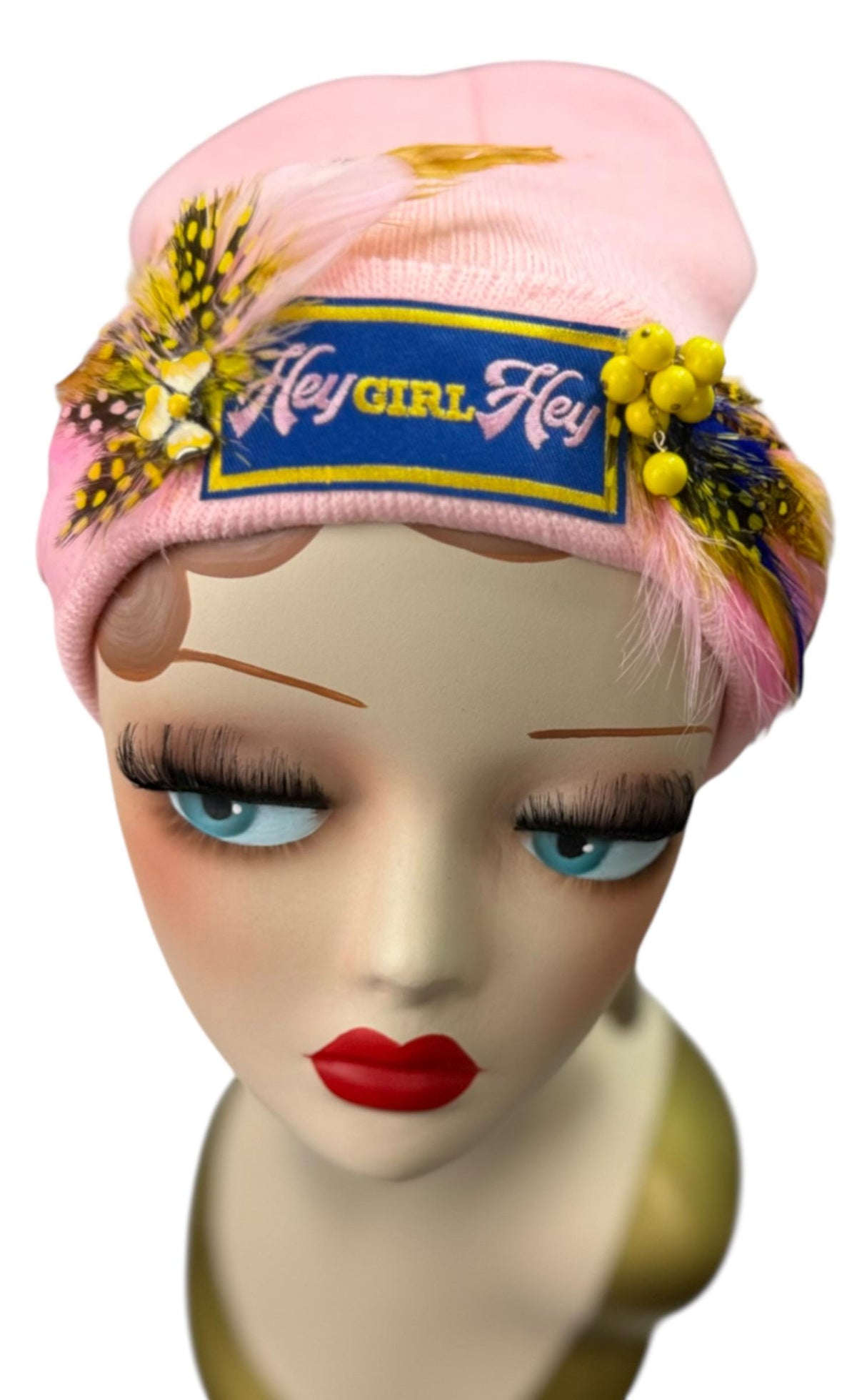 HEY Girl, HEY, Baby Pink Patchwork Vintage Jeweled & Feather Embellished Designer Beanie