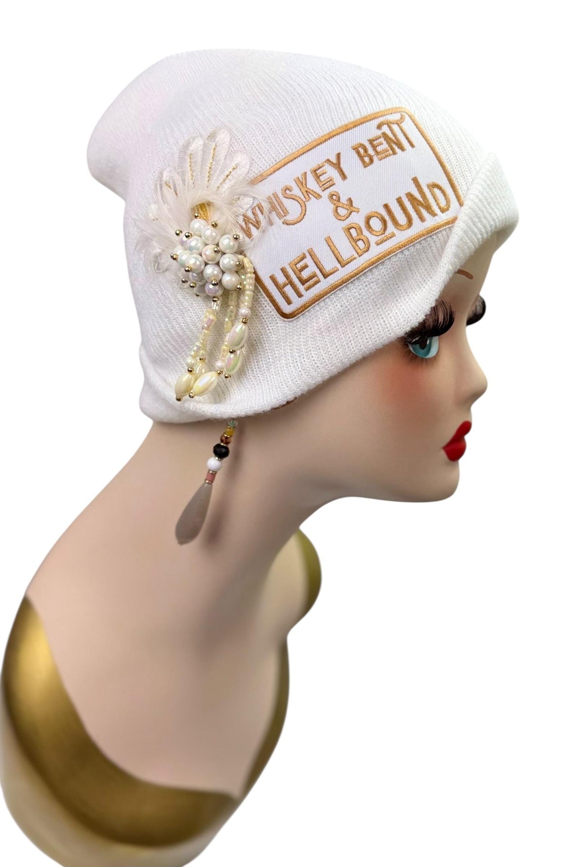 Whiskey Bent & HellBound Statement Patchwork Vintage Jeweled Embellished Fashionable Beanie
