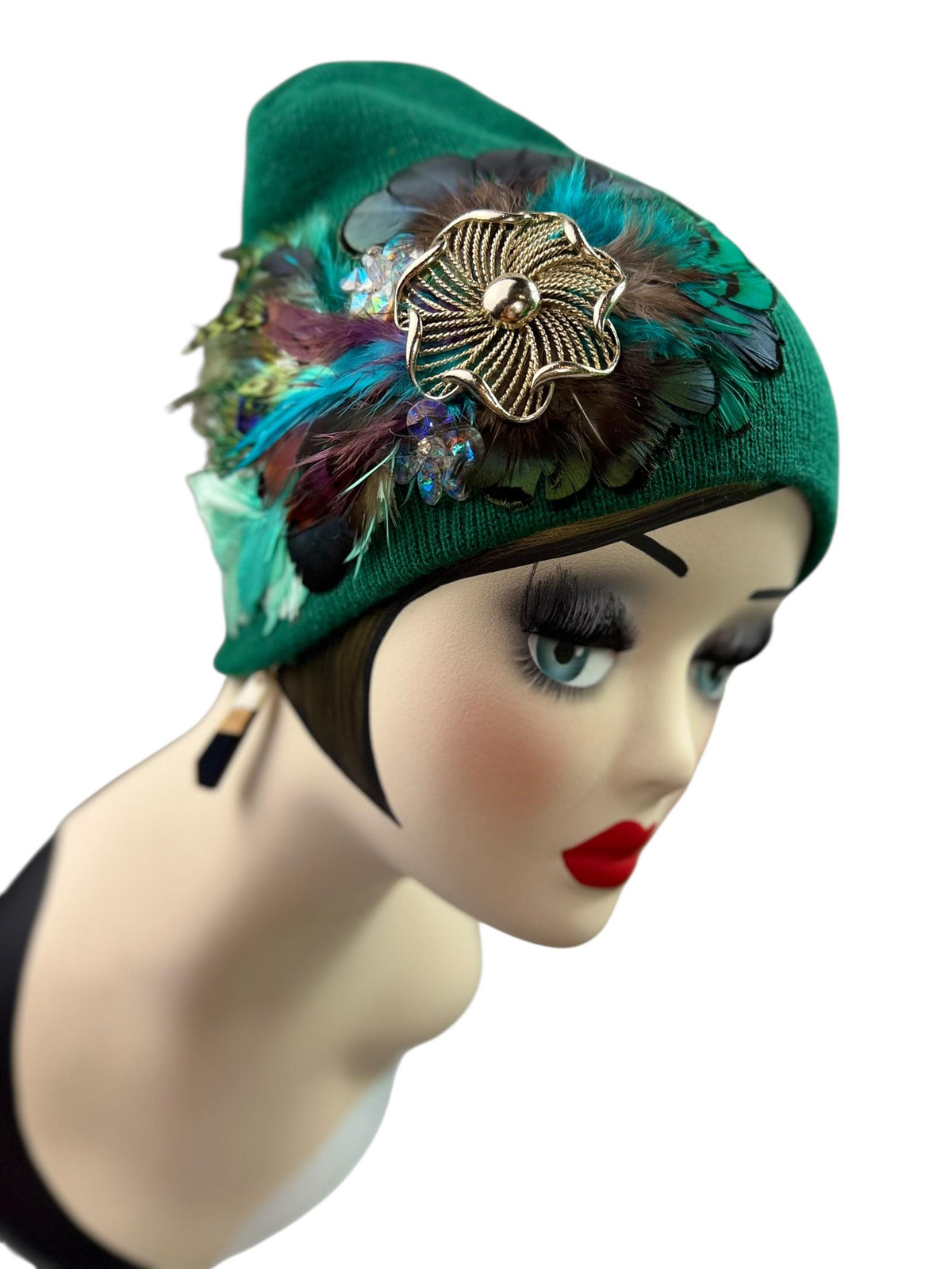 Queen of the Forest - Emerald Green Feather Embellished Vintage Jeweled Short Beanie