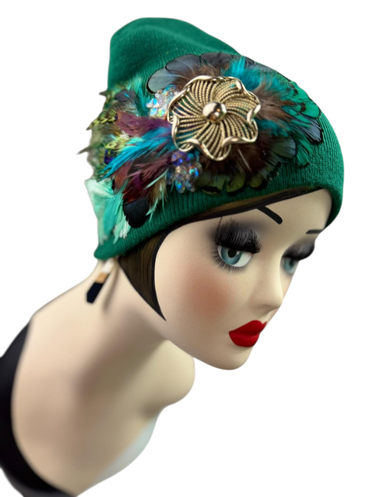 Queen of the Forest - Emerald Green Feather Embellished Vintage Jeweled Short Beanie