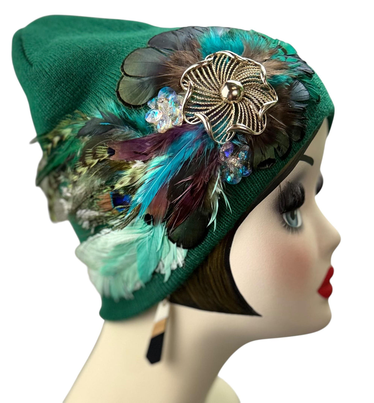 Queen of the Forest - Emerald Green Feather Embellished Vintage Jeweled Short Beanie